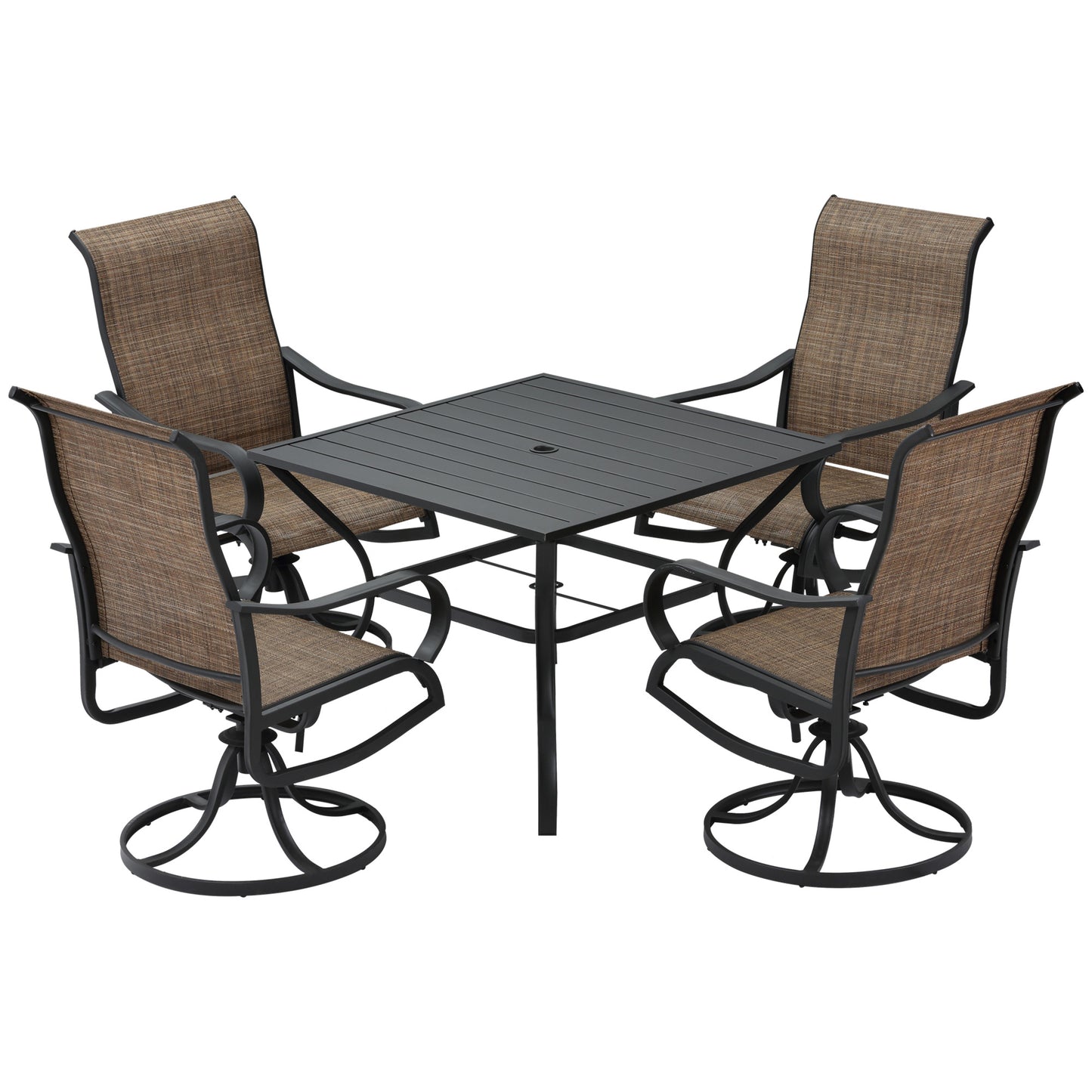 Outsunny 5-Piece Outdoor Patio Dining Set, 4 Swivel Rocker Chairs and 37" x 37" Dining Table Furniture Set with Umbrella Hole for Garden, Lawn and Backyard, Black (Umbrella not included)