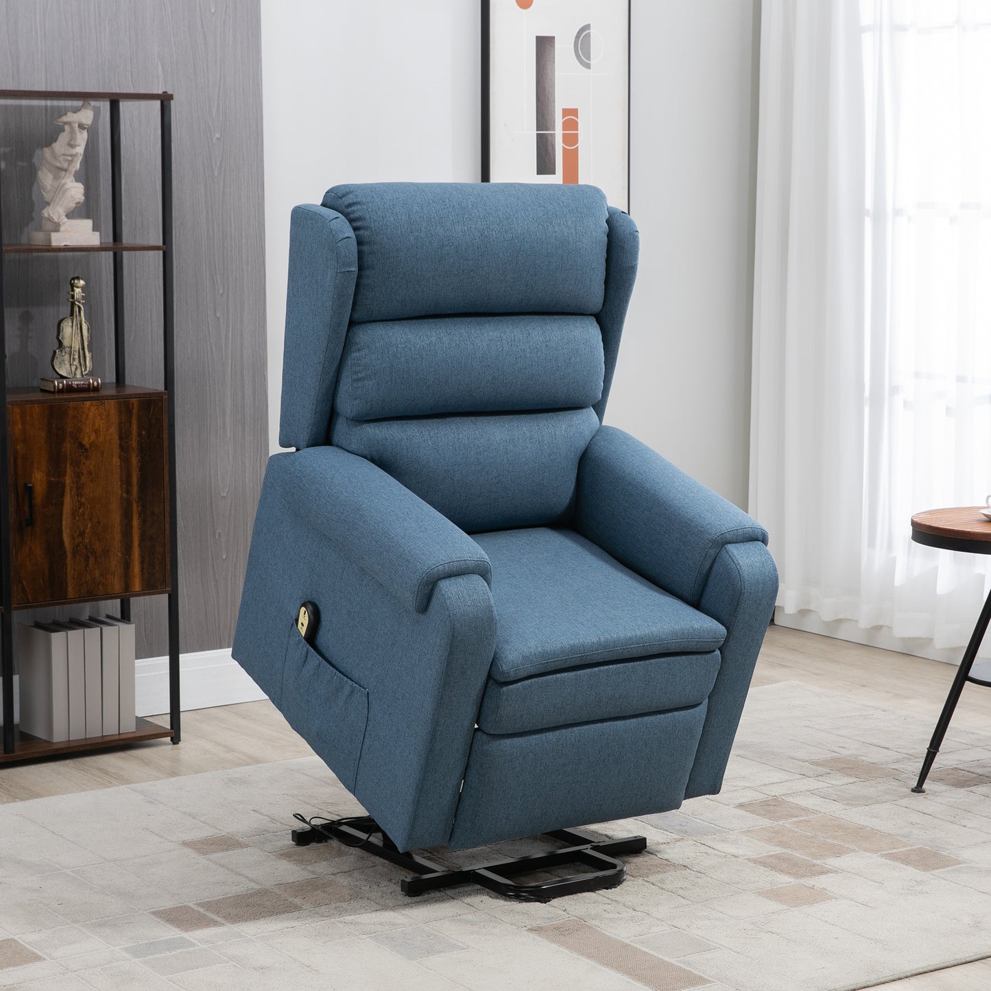 Electric Power Lift Recliner Chair for Elderly with Remote Control and Footrest, Linen Fabric Reclining Chair for Living Room, Blue