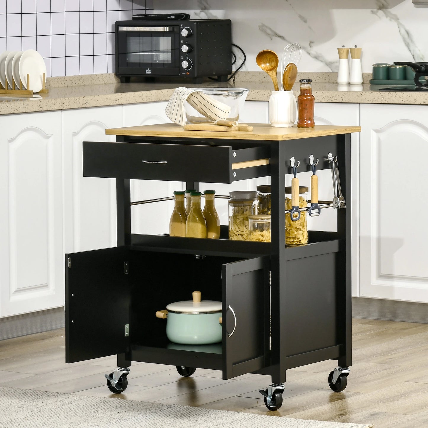 Kitchen Cart, Utility Trolley, Small Kitchen Island with Storage Drawer & Side Hooks for Dining Room, Black