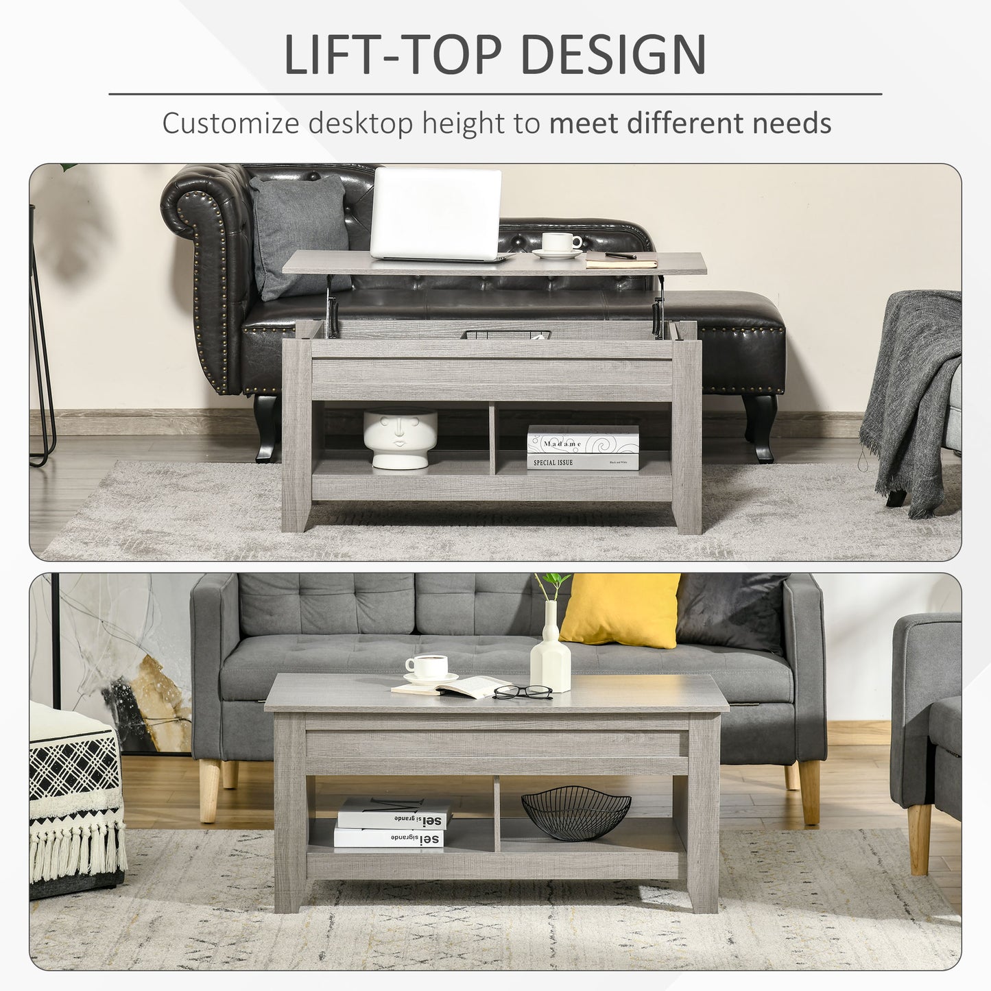 Coffee Table with Hidden Storage Compartment and Open Shelves, Lift Tabletop Pop-Up Center Table for Living Room, Light Grey