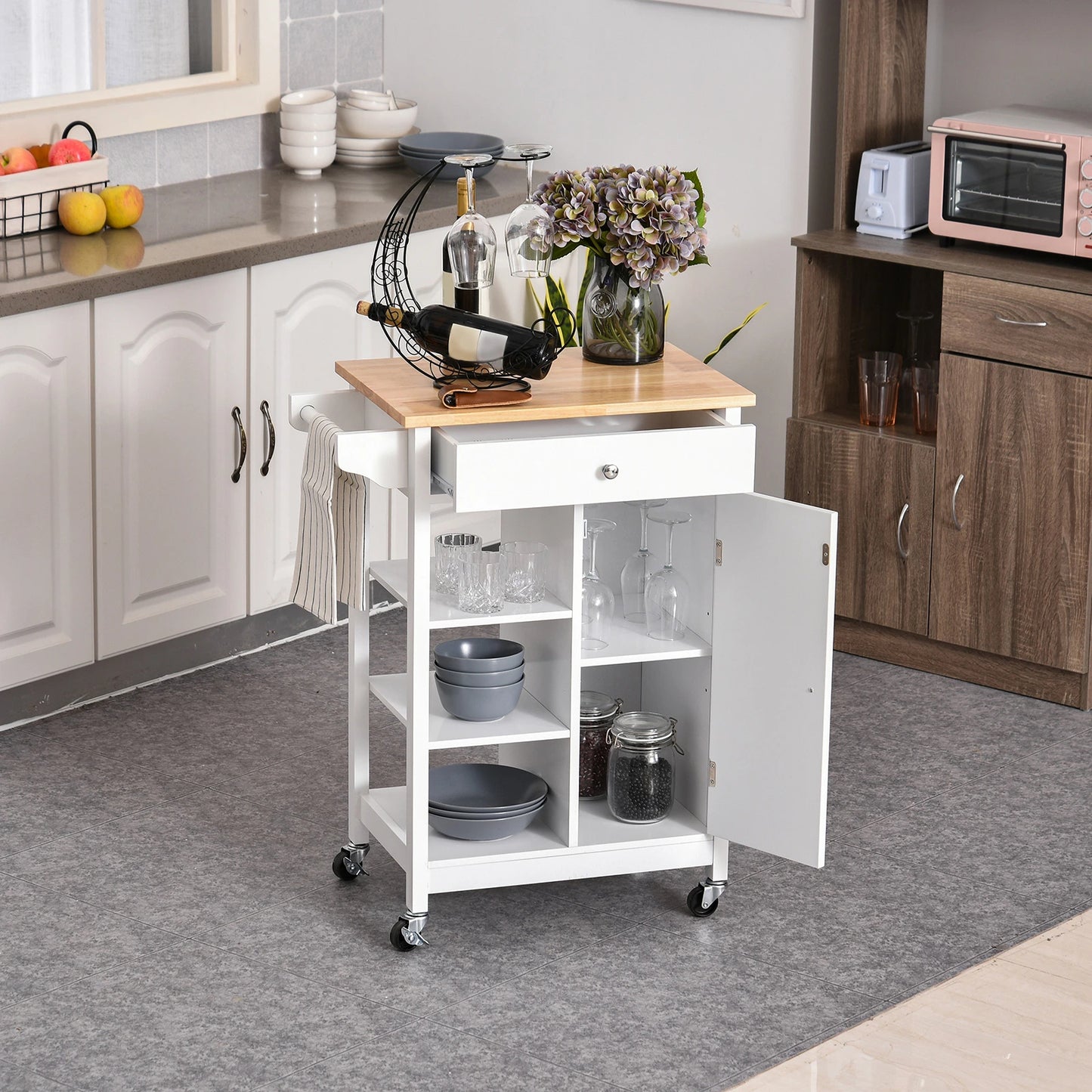 Kitchen Storage Trolley Cart Unit with Wood Top 3 Shelves Cupboard Drawer Rail 4 Wheels Handles Moving Shelf Handy Space saver, White