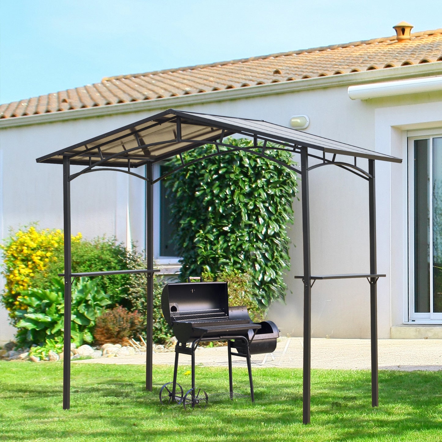 Outsunny 8' x 5' Hardtop Grill Gazebo Aluminium BBQ Canopy Gazebo Outdoor Canopy with Side Shelves