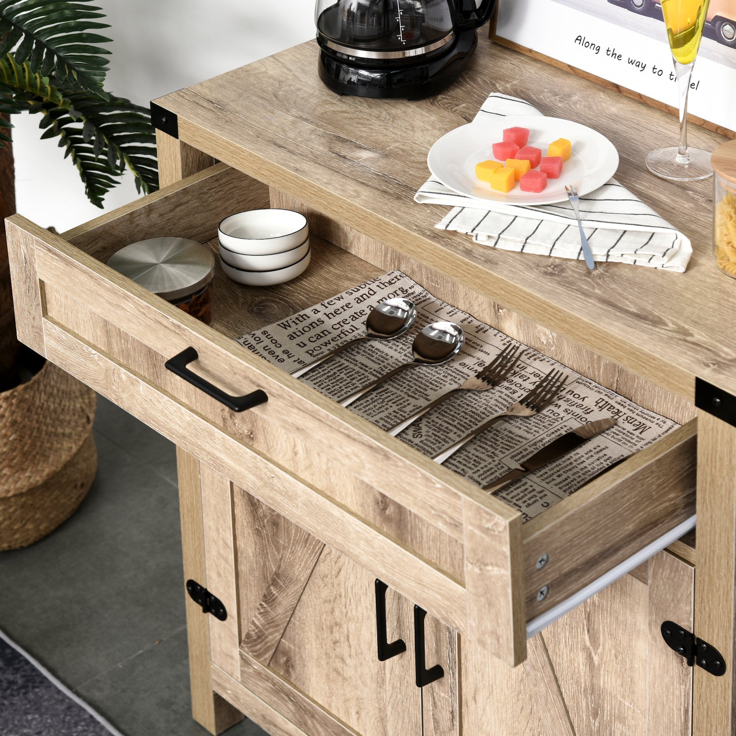 Farmhouse Sideboard, Wooden Accent Buffet Cabinet with Drawer and Adjustable Shelf for Kitchen, Brown