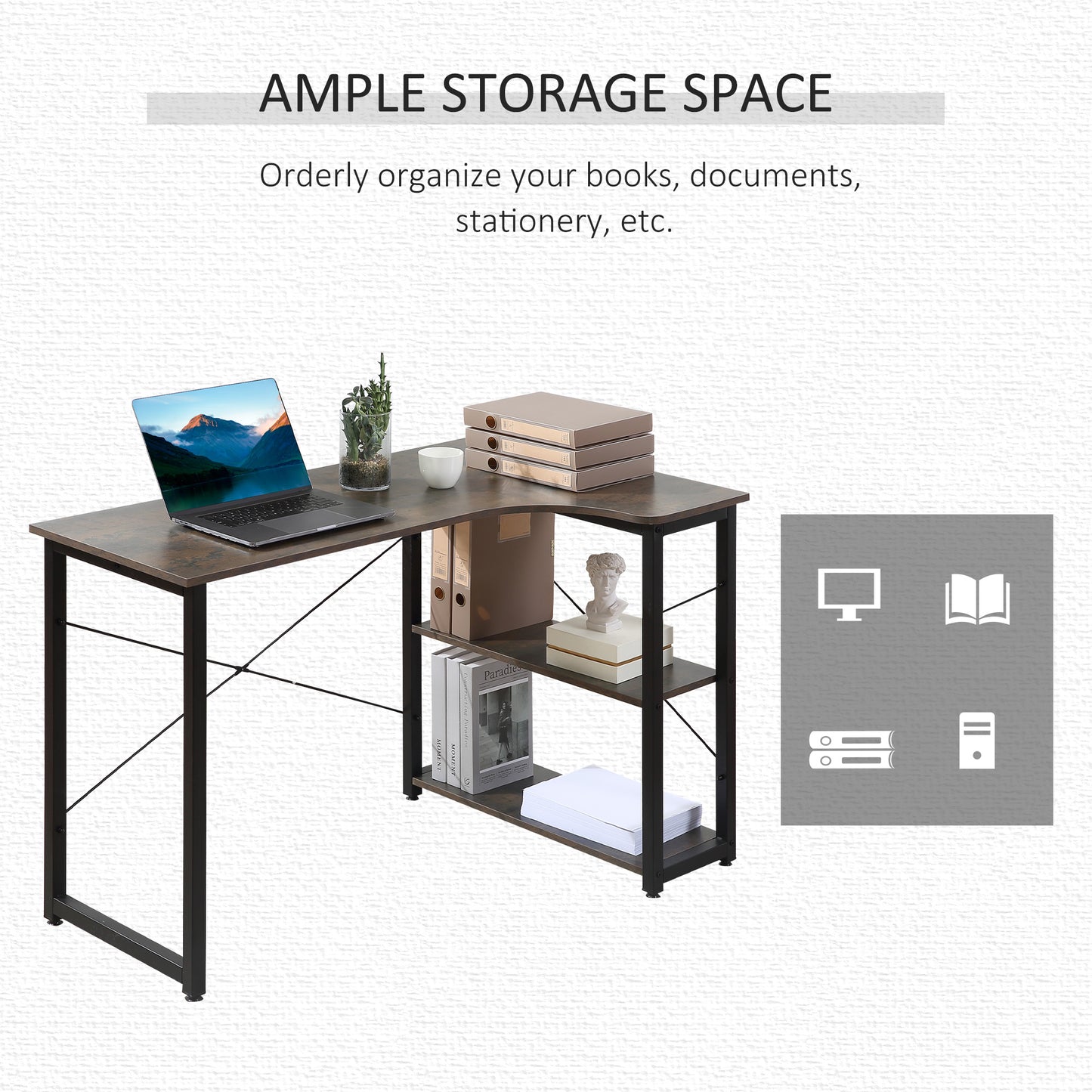 Shaped Computer Desk Home Office Corner Desk Study Workstation Table with 2 Shelves, Steel Frame, Brown