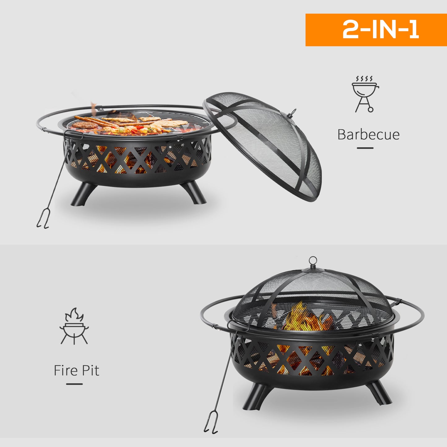 2-in-1 Outdoor Fire Pit with BBQ Cooking Grill, Round Firepit Bowl with Spark Screen Cover, Poker for Backyard Bonfire