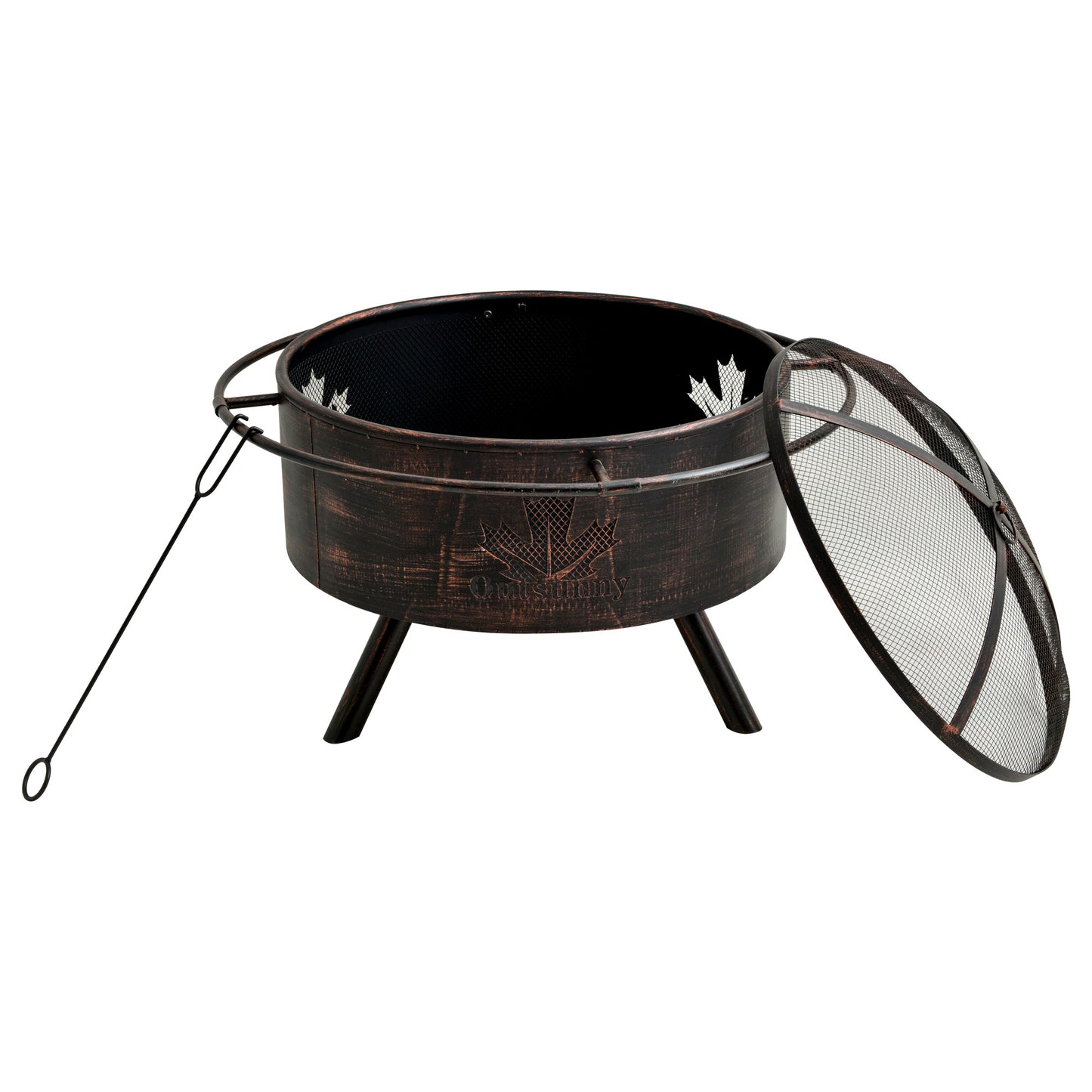 Outdoor Fire Pit with Screen Cover, Wood Burning Firebowl with Poker for Patio, Backyard, Black