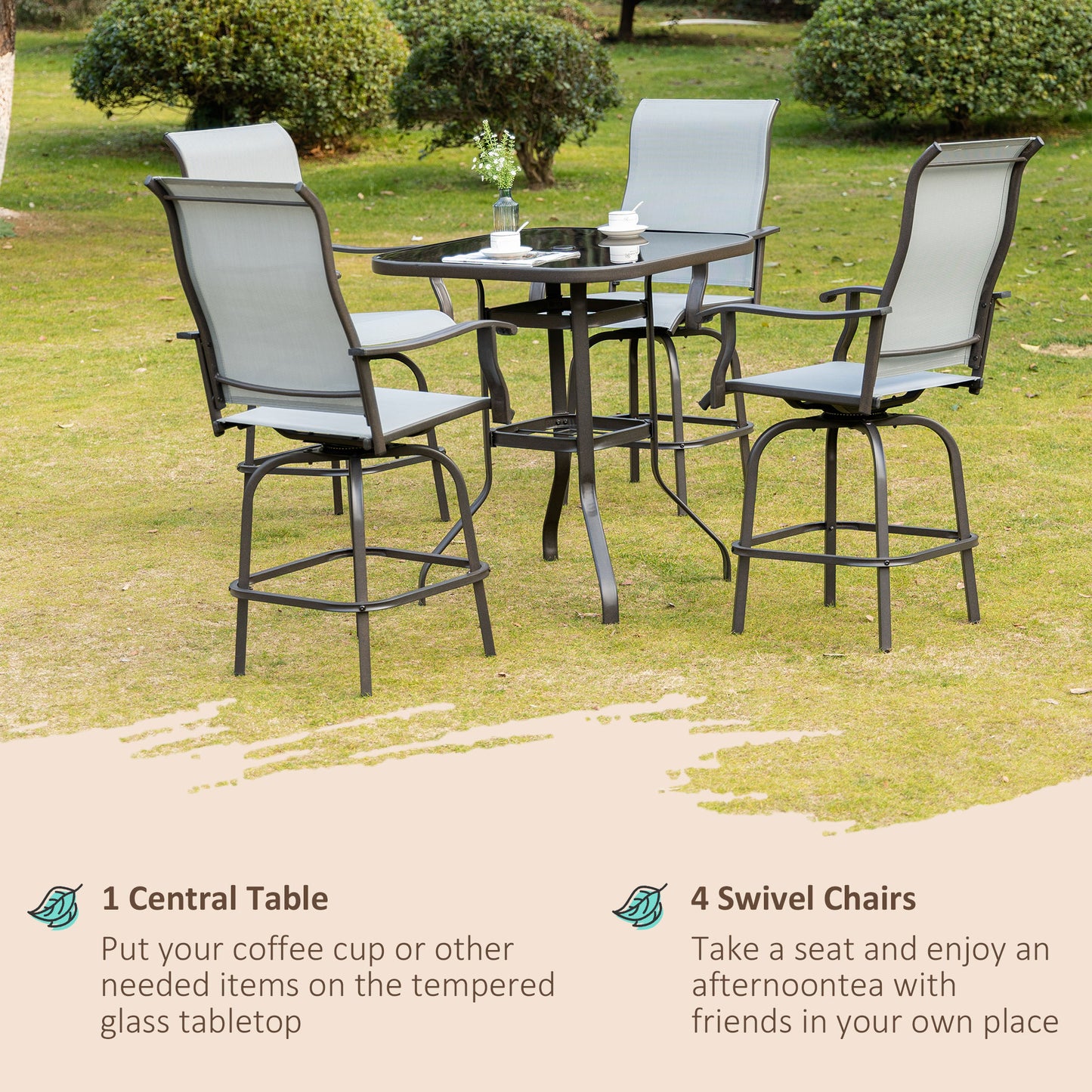 Outsunny 5 Pieces Patio Furniture Set, Outdoor Garden Conversation Set with Tempered Glass Table, 4 Swivel Chairs and Umbrella Hole, Grey