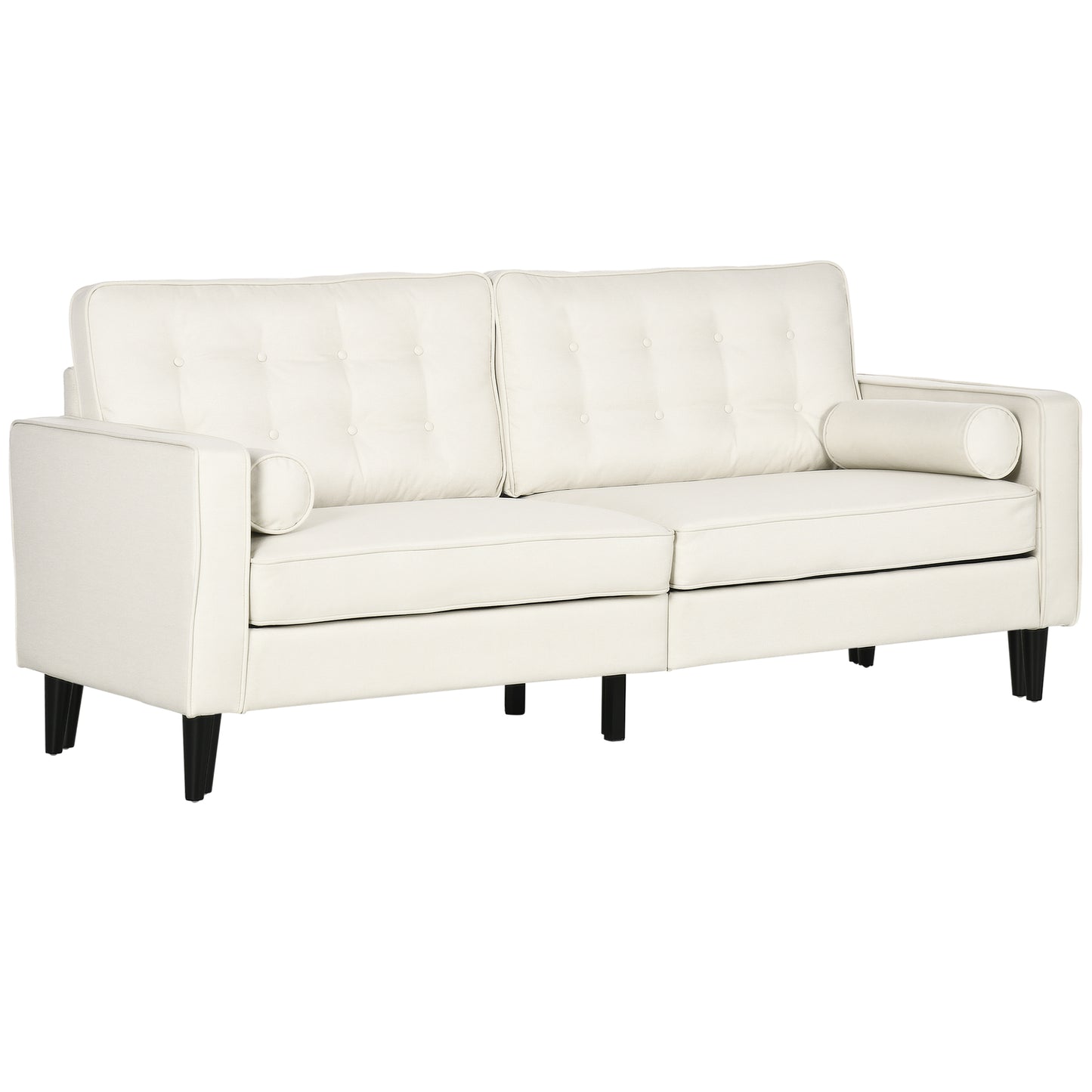 Mid-Century Small Sofa, Mini Couch with Button-Tufted Back Cushion, Velvet Feel Fabric Upholstery, 2 Cylindrical Pillows and Rubber Wood Legs for Living Room, Bedroom, Cream White