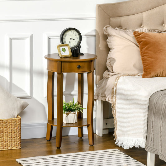 Round Coffee Table with Drawer and Bottom Shelf, Retro Sofa Side Table for Living Room, Bedroom, Brown