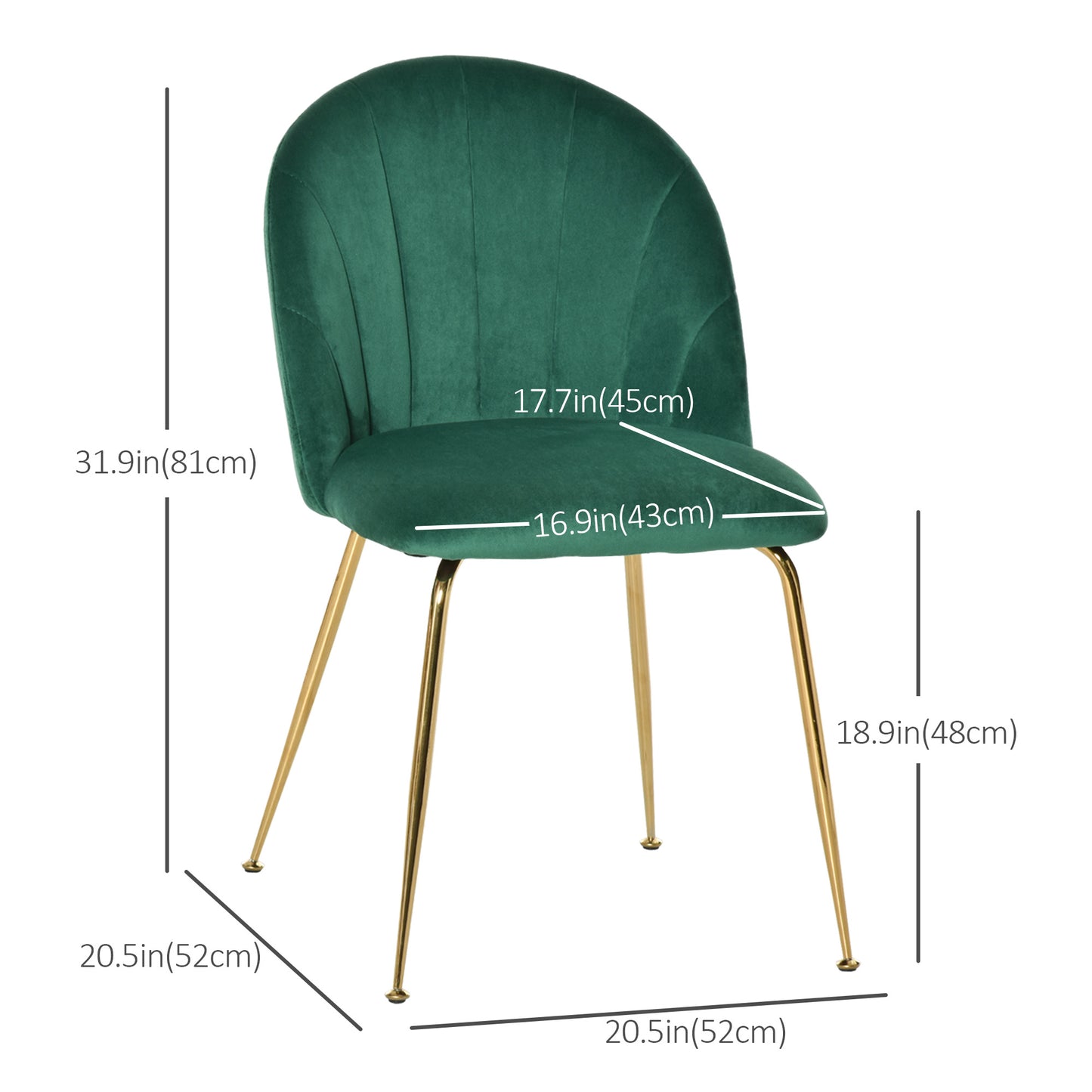 Modern Dining Chair Set of 2, Accent Chair Leisure Accent Chair with Gold Metal Legs and Velvet-Touch Fabric for Living Room, Green