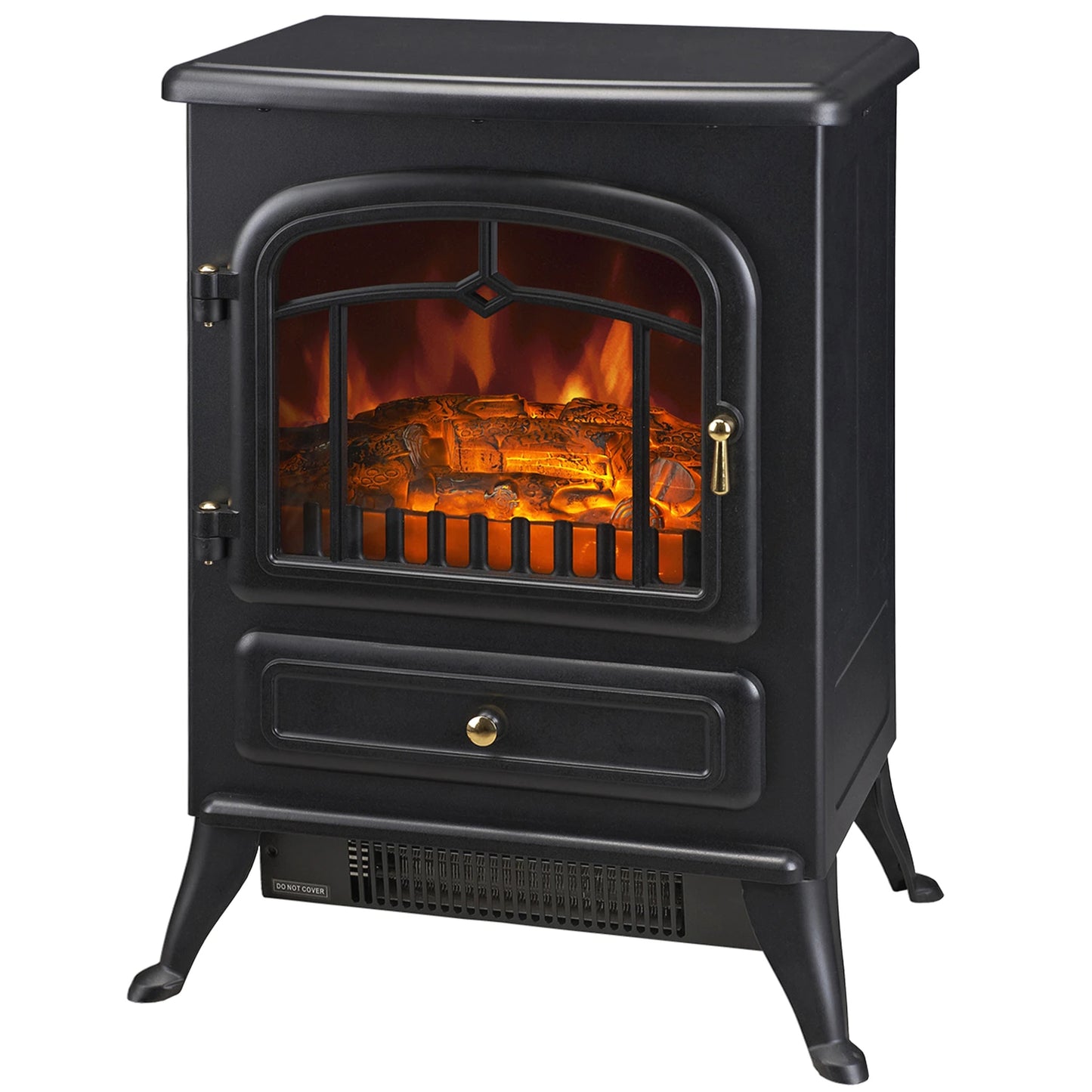 16" Freestanding Electric Fireplace Heater Fire Stove with Wood Burning Flame 750/1500W Black