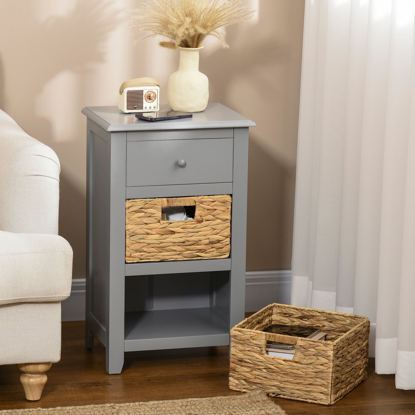 End Side Table with Removable Woven Baskets and Drawer for Living Room, Bedroom, 15.6"x11.8"x26.2", Grey