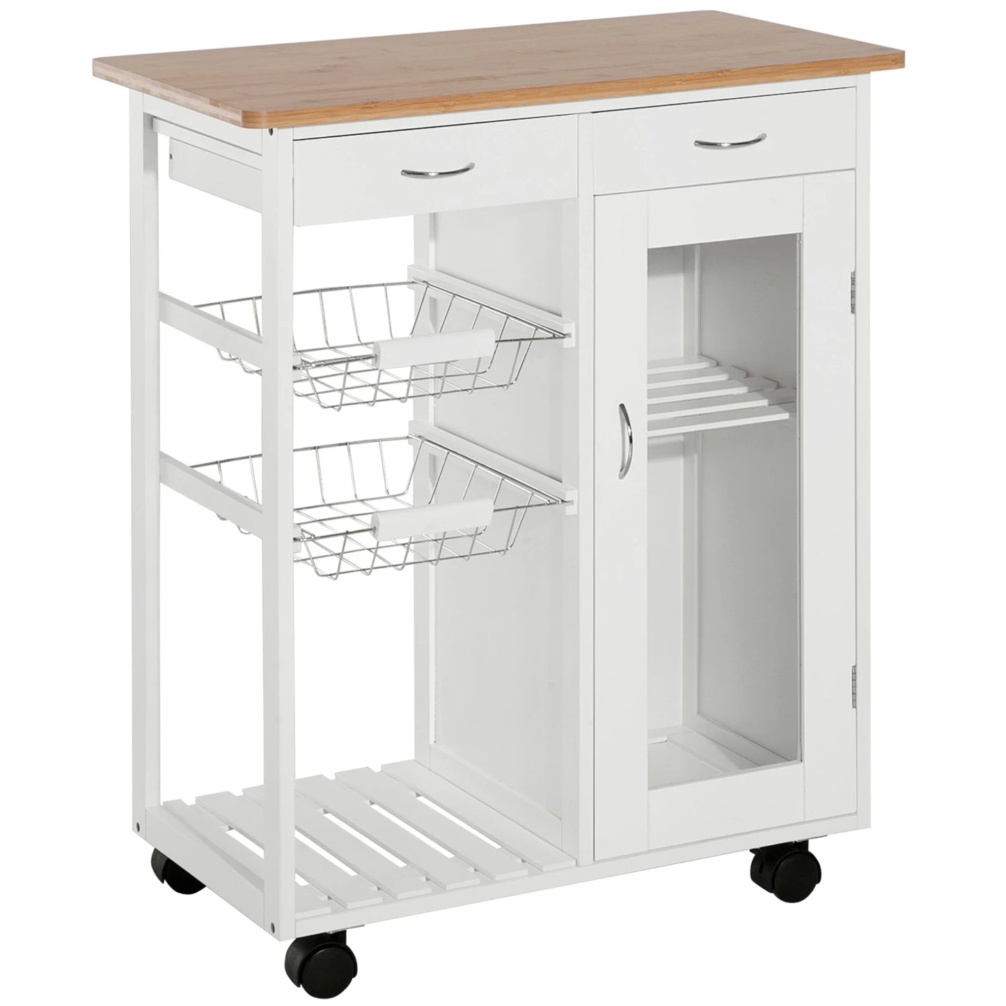 34" Rolling Wood Kitchen Trolley Serving Cart with Drawer and Cabinet Wheeled Kitchen Storage Island White with Bamboo Top