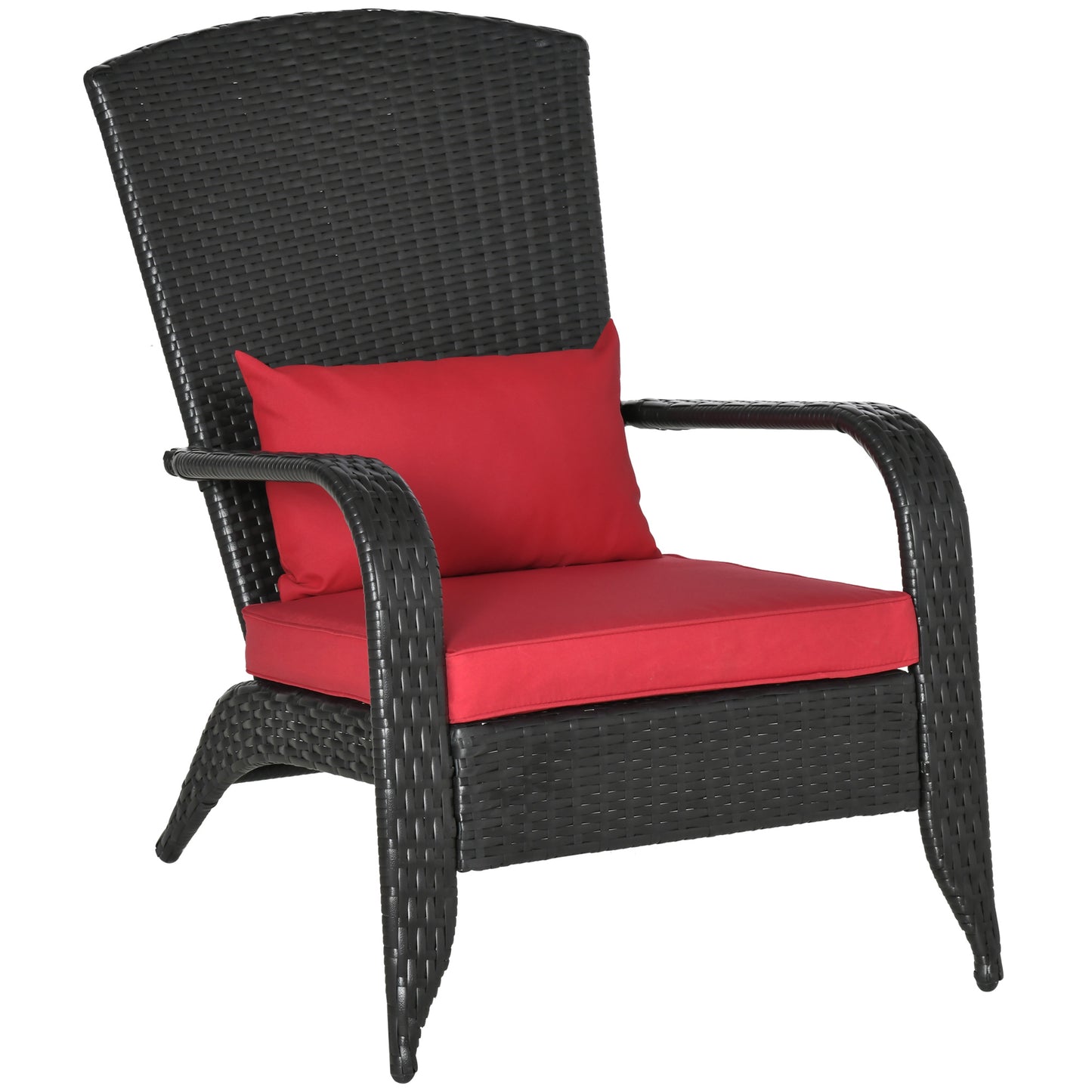 Outsunny Patio Classic Rattan Adirondack Chair, Outdoor PE Rattan Leisure Deck Chair, Ergonomic Armrest Chair with Cushion Red