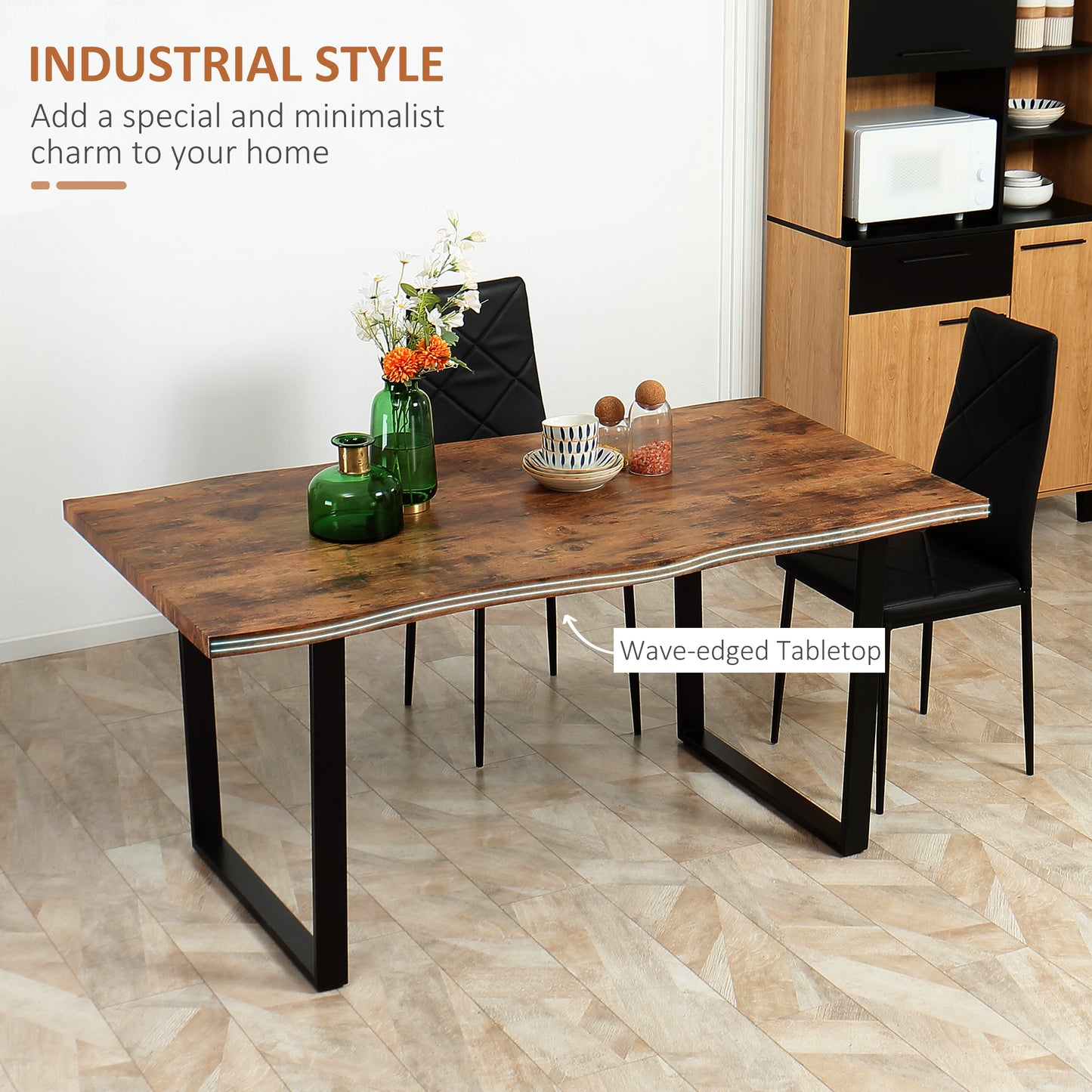 63" Dining Table, Industrial Kitchen Table with Wave-edged Tabletop and Steel Legs for Up to 6 People, Rustic Brown