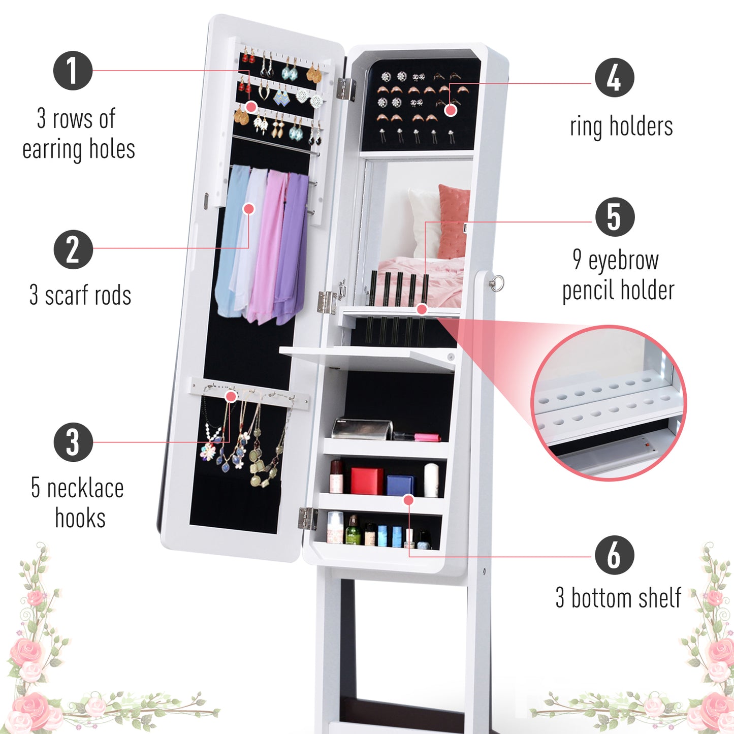 Freestanding Mirrored Jewelry Cabinet, LED Lighted Jewelry Armoire, Storage Organizer with Stand, Angle Adjustable White