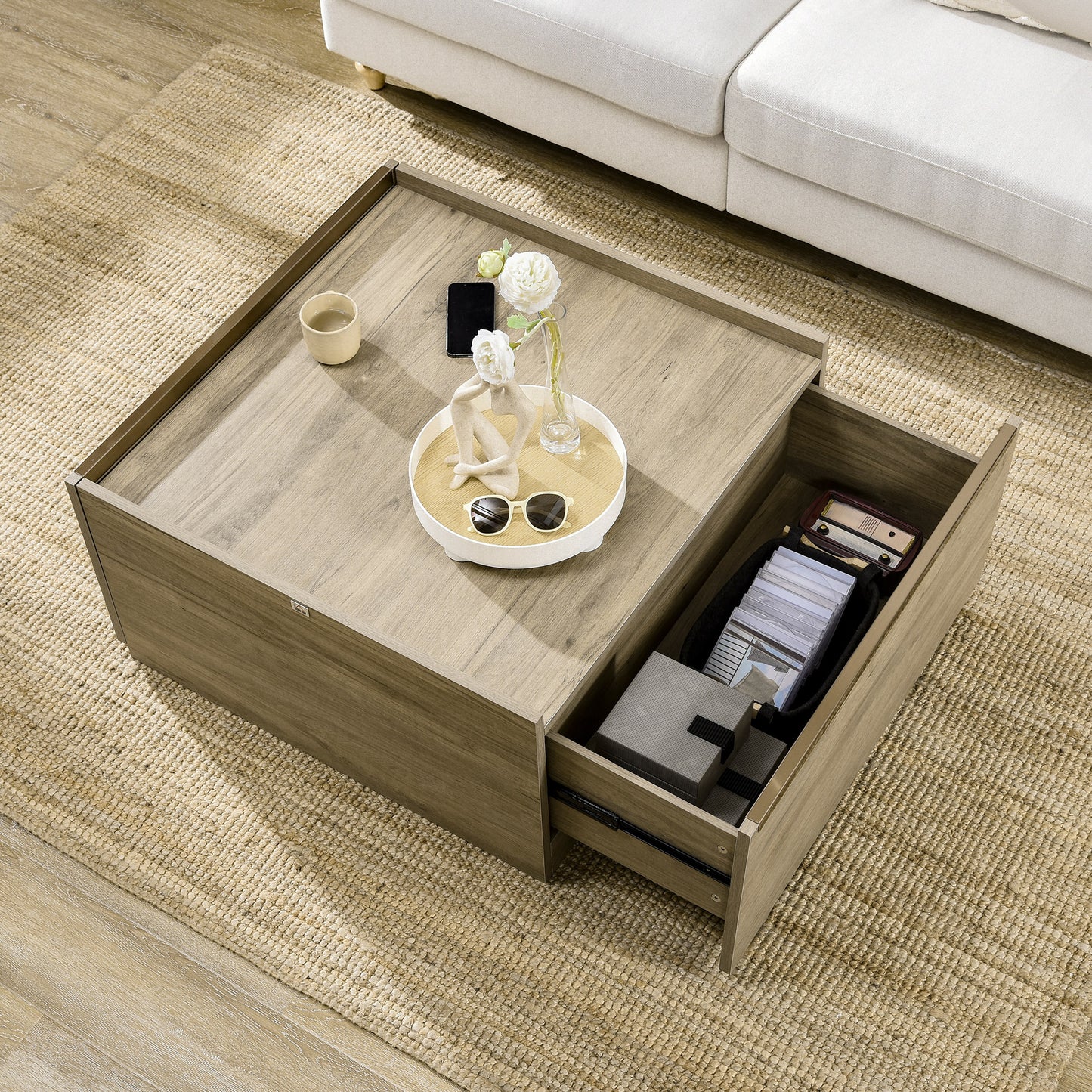 Coffee Table with Hidden Storage Drawers, Modern Center Table for Living Room Home Office, Oak