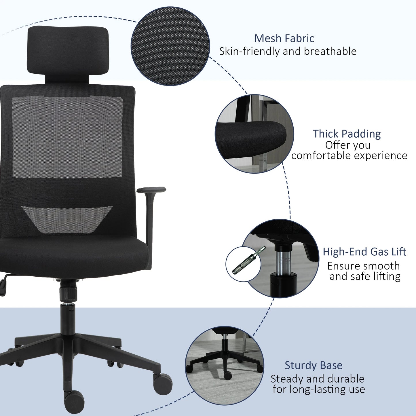 High Back Office Chair Swivel Task Chair with Lumbar Back Support, Breathable Mesh, and Adjustable Height, Headrest, Black