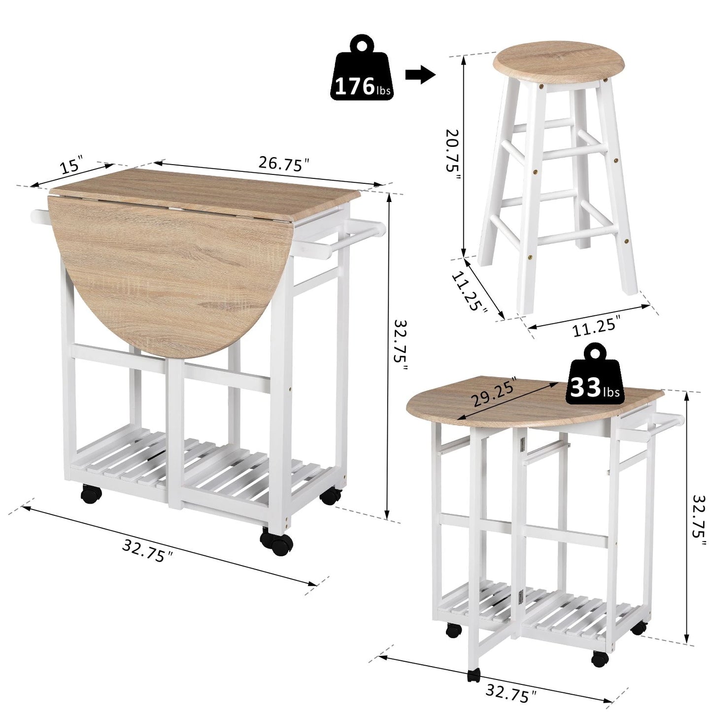 Kitchen Trolley 3 Piece Kitchen Cart Set Drop Leaf Breakfast Table and 2 Stools w/ Rolling Wheels & Towel Bars, Wood & White