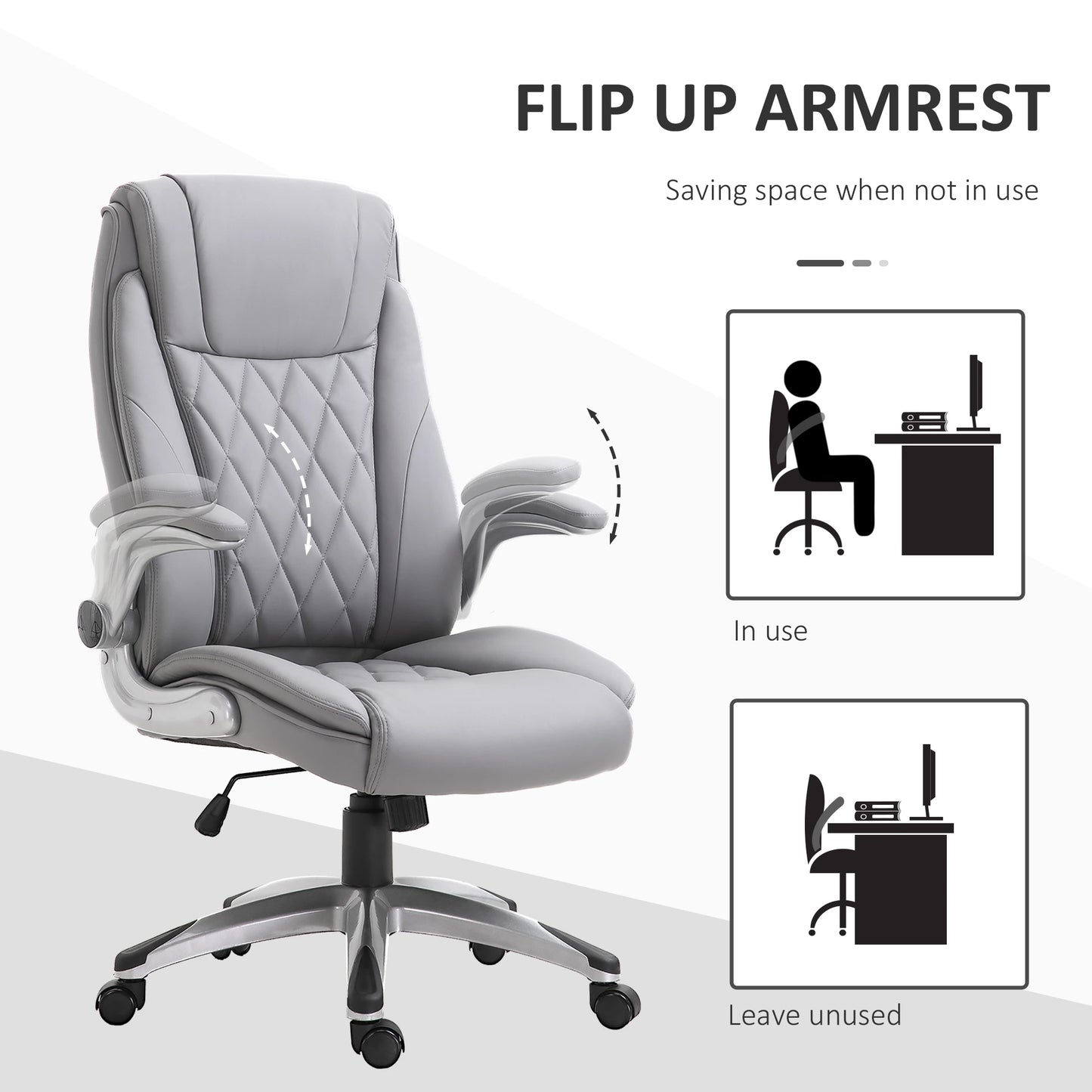 High-Back Office Chair Executive Swivel Computer Desk Chair, with PU Leather, Flip-up Armrest, Grey