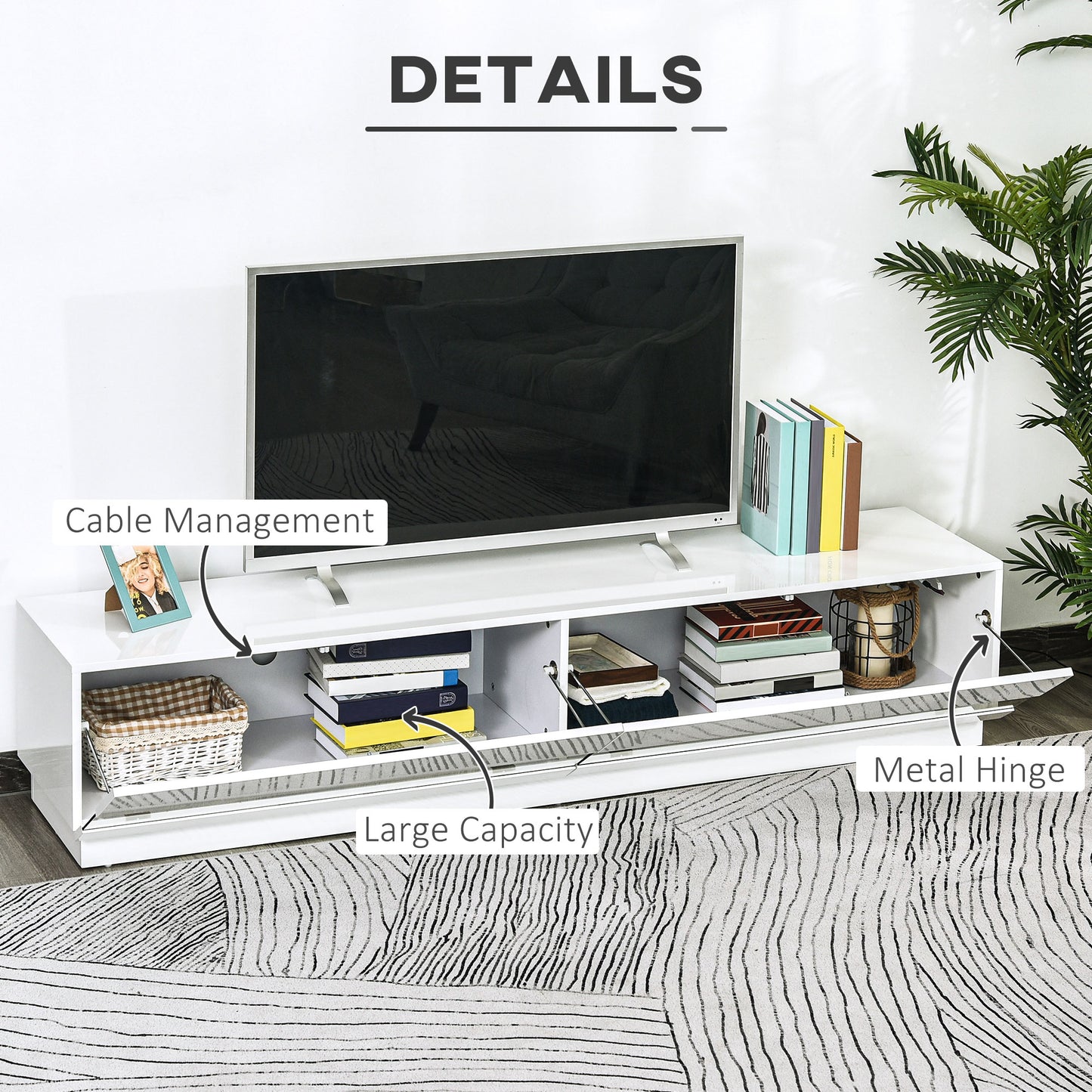 High Gloss TV Stand Cabinet for TVs up to 65", Entertainment Center with LED Light, Media Console with Storage, White