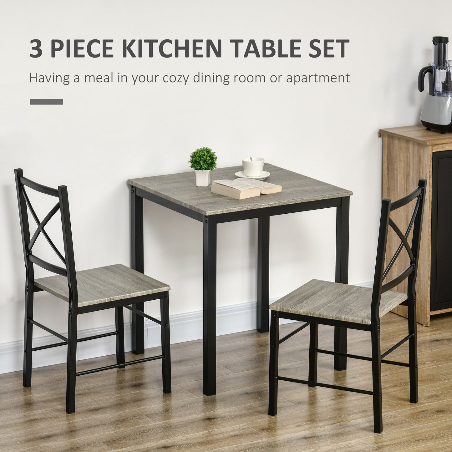 Industrial Dining Table Set of 3, Square Kitchen Table with 2 Chairs Steel Frame Footrest for Small Space, Grey