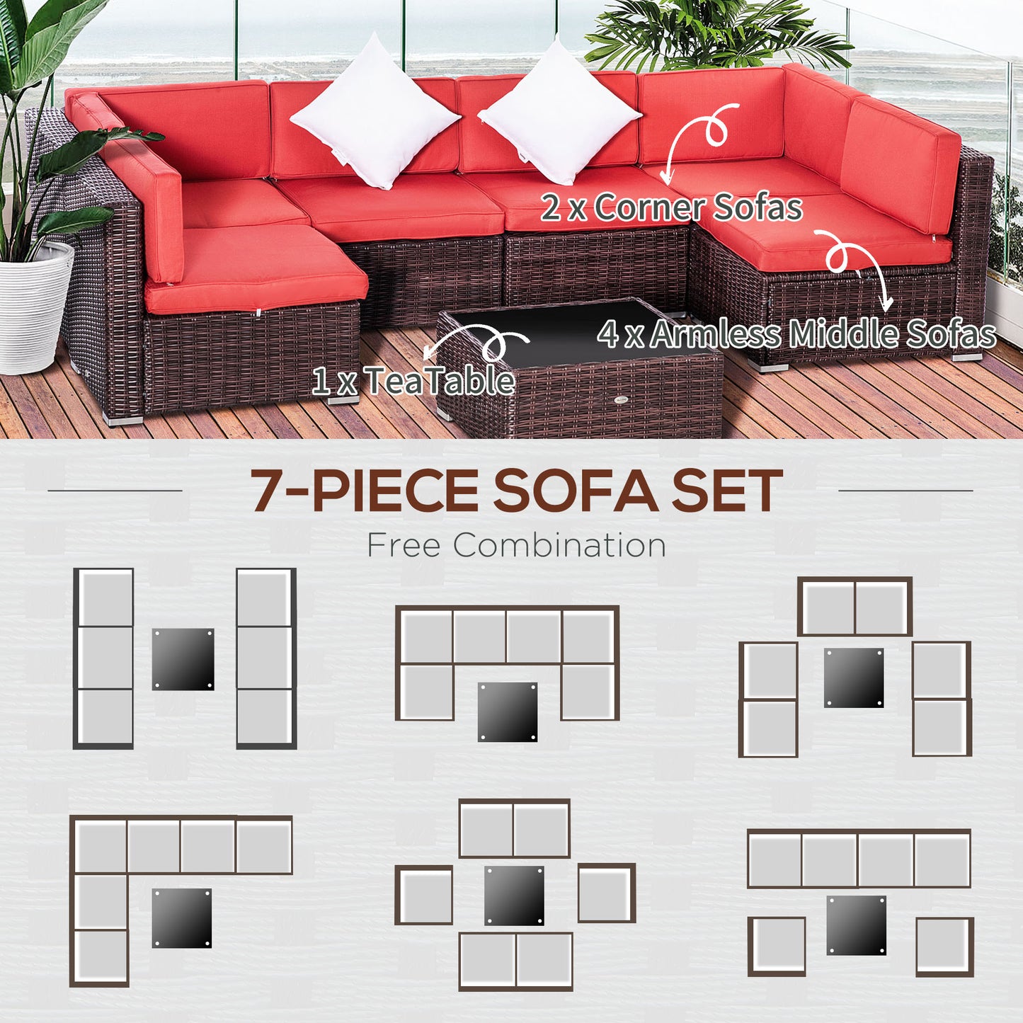 Outsunny 7 Pieces Patio Wicker Sofa Set, Outdoor PE Rattan Sectional Conversation Furniture Set w/ Tempered Glass Coffee Table & Cushion for Garden, Backyard, Red