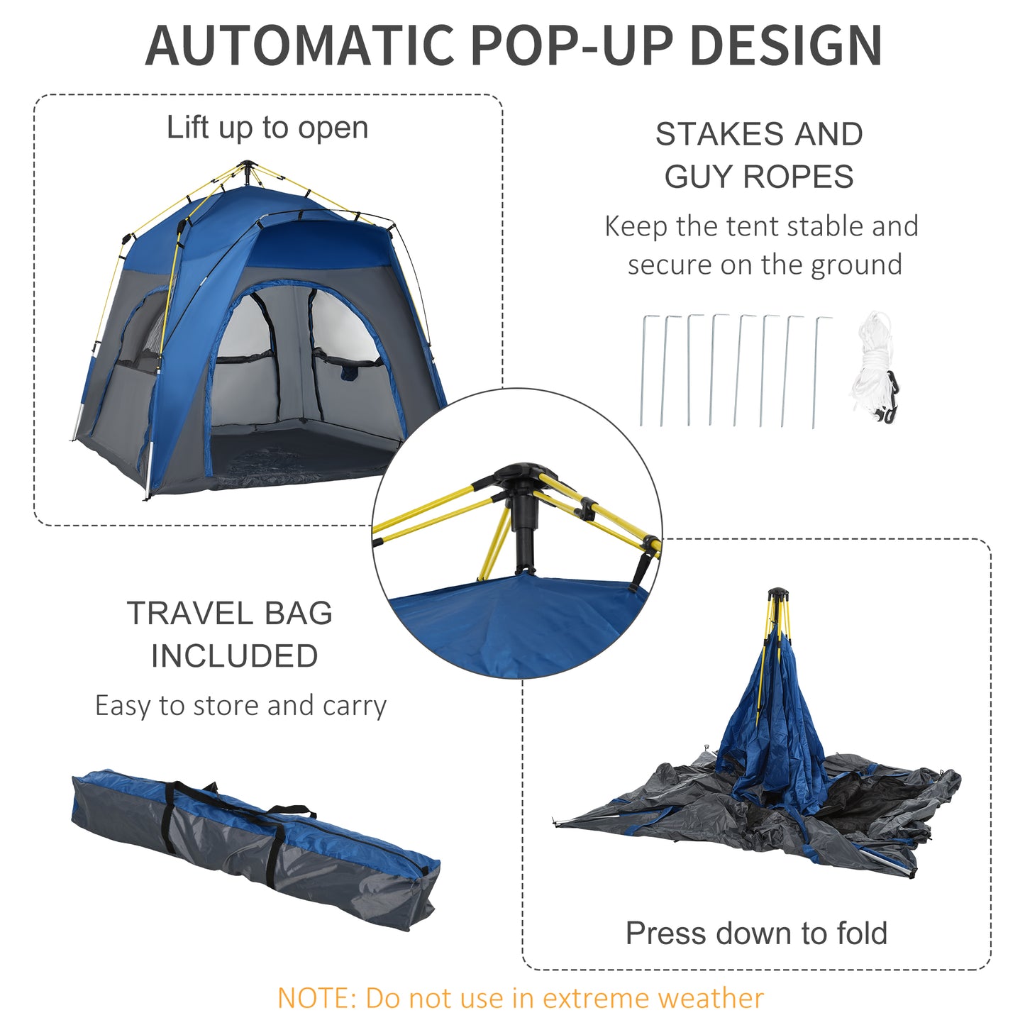 Outsunny Instant Automatic Camping Tent w/ 4 Doors and 4 Windows, Outdoor Easy Pop Up Tent, Portable Backpacking Dome Shelter, 4 Person, Grey