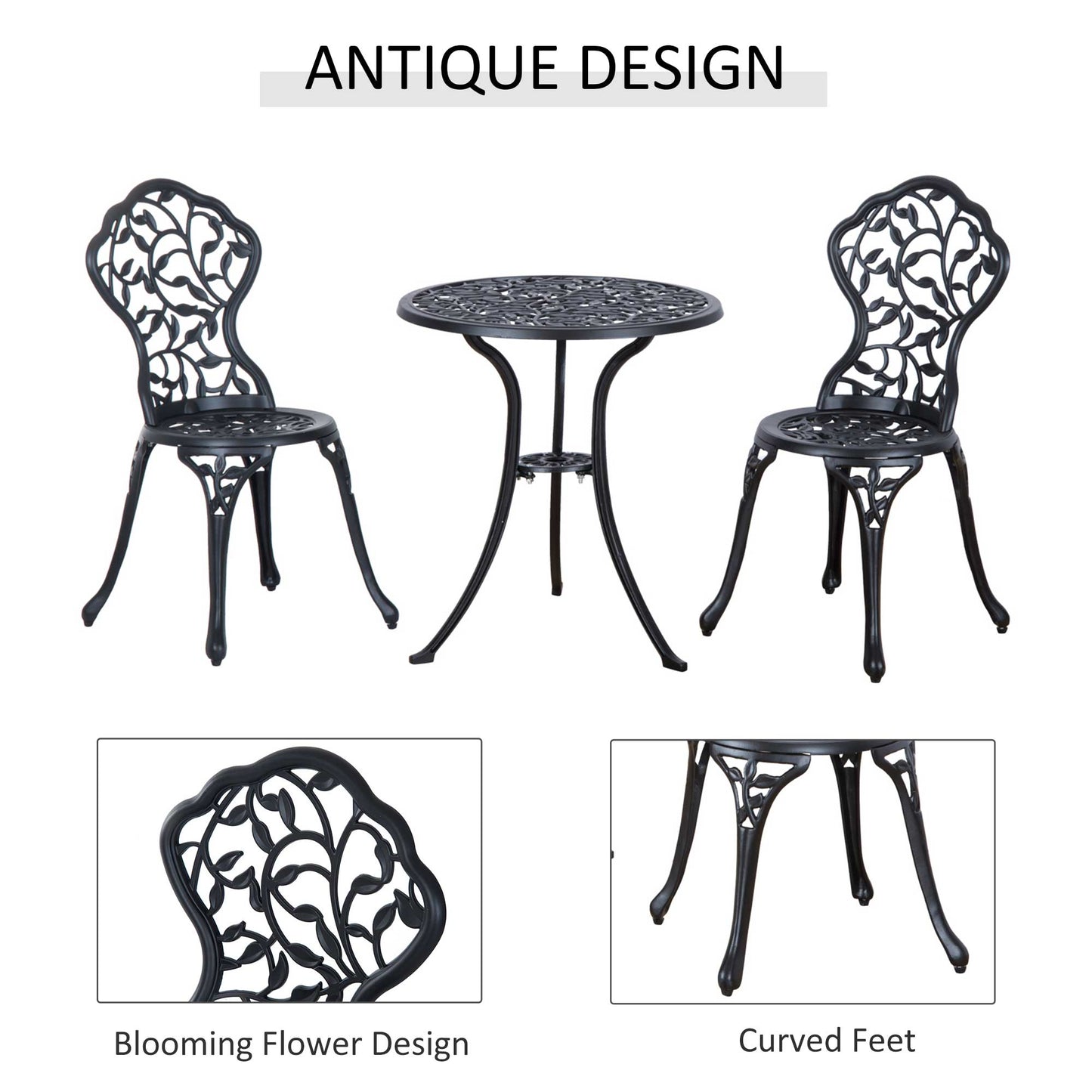 Outsunny 3pcs Patio Bistro Set with Umbrella Hole, Antique Style Garden Coffee Set, Outdoor Bistro Dining Set, Black