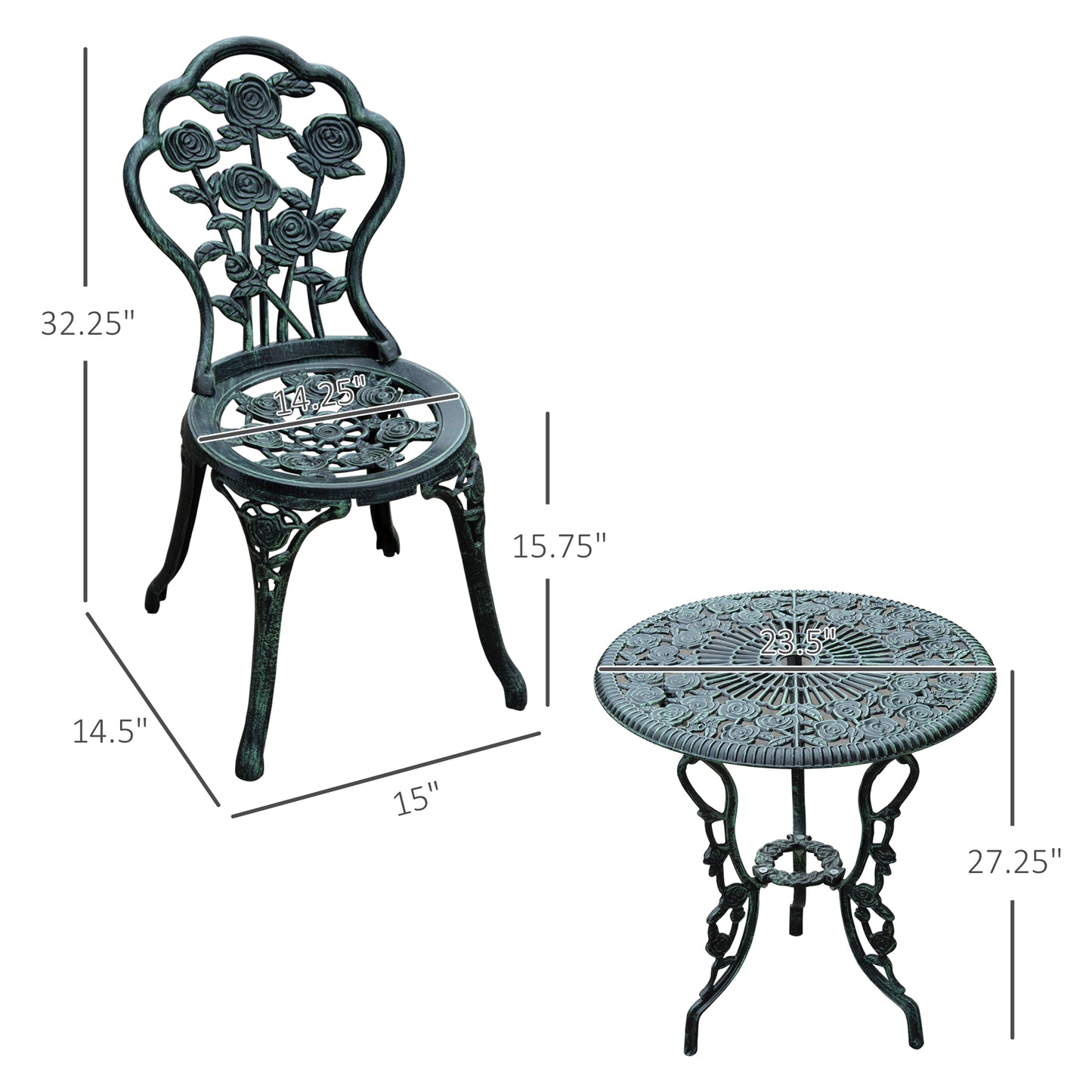 Outsunny 3 Pieces Antique Style Patio Bistro Table Chair Set Outdoor Garden Furniture Indoor Tea Table w/ Umbrella Hole and Chair Set, Antique Green