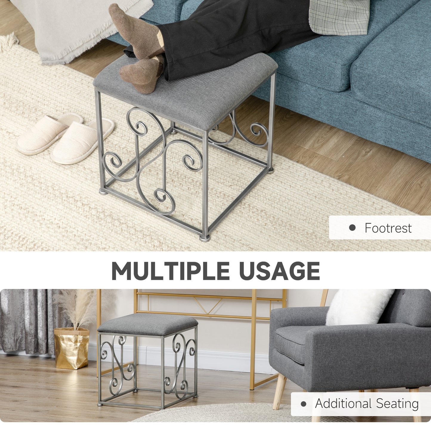 Vintage Foot Stool, French Ottoman with Linen Touch Fabric Upholstered Seat and Steel Base, Vanity Stool for Bedroom, Living Room, Grey