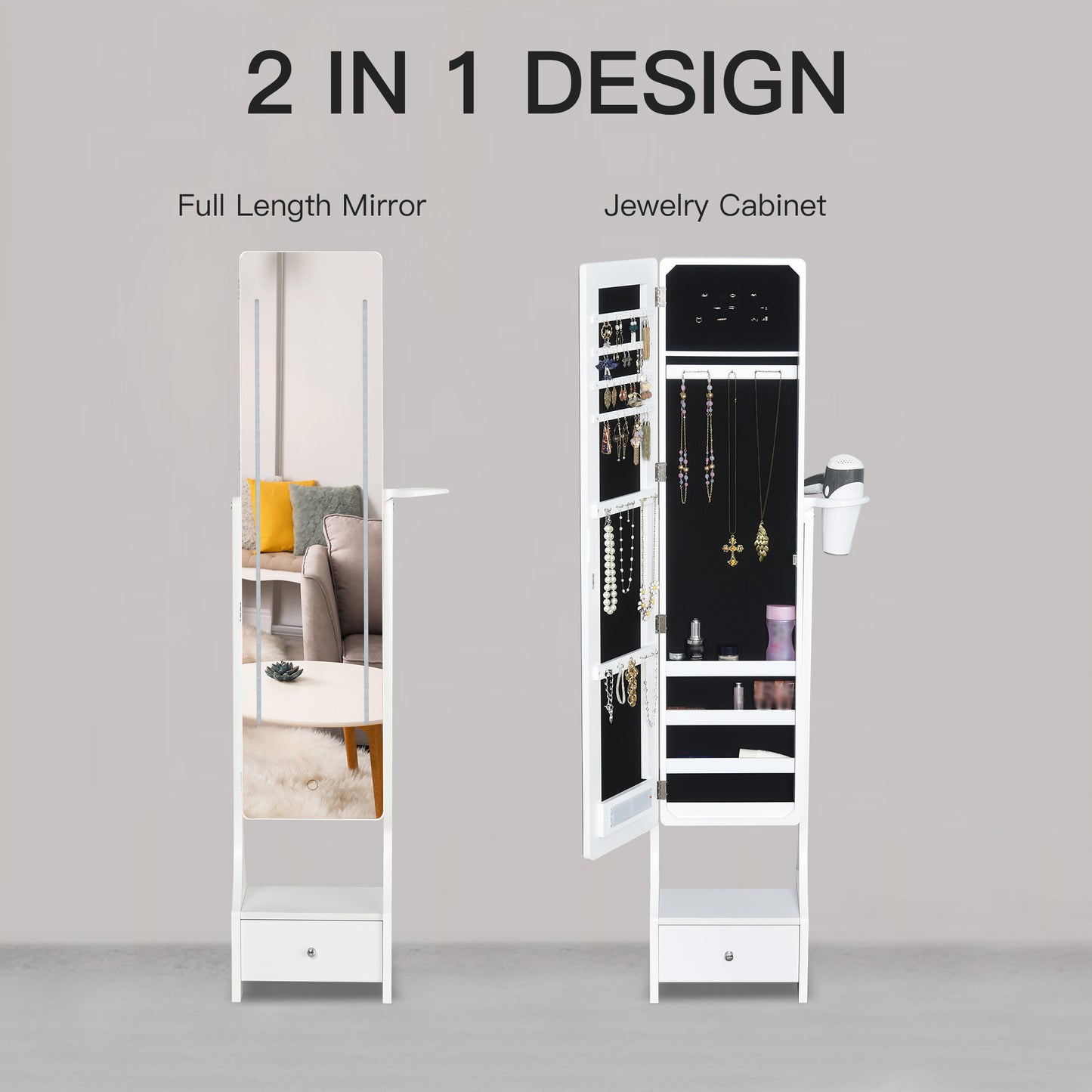 Mirrored Jewelry Cabinet with LED Lights, Jewelry Armoire Storage Organizer with Stand, Angle Adjustable, White