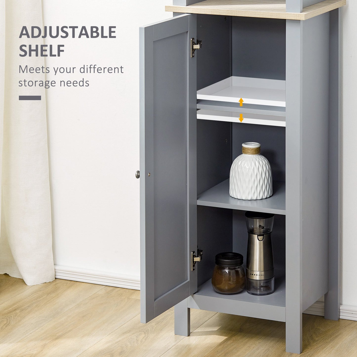 Bathroom Floor Storage Cabinet with 3 Tier Shelf and Cupboard with Door, Free Standing Linen Tower, Tall Slim Side Organizer Shelves, Grey