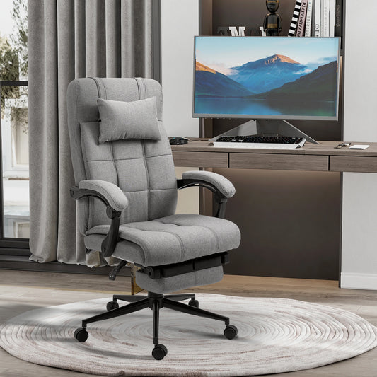 Executive Office Chair High Back Linen-Feel Fabric Swivel Chair with Upholstered Retractable Footrest, Headrest and Armrest, Light Grey