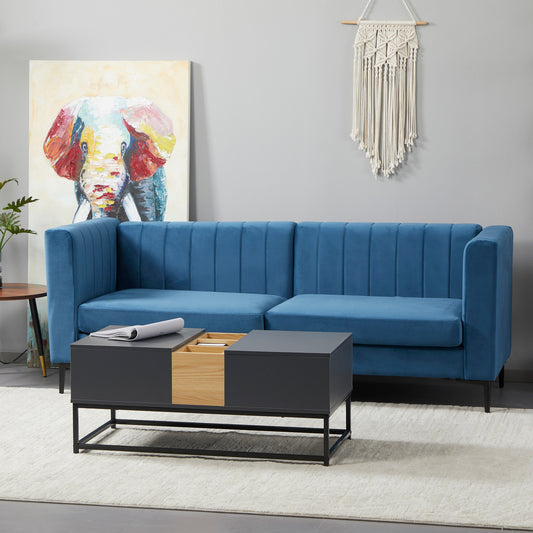 Modern 3-Seater Sofa, 78" Channel Tufted Sofa Couch with Velvet Fabric Upholstery, Steel Legs and Bed Slats for Living Room, Bedroom and Flat, Blue