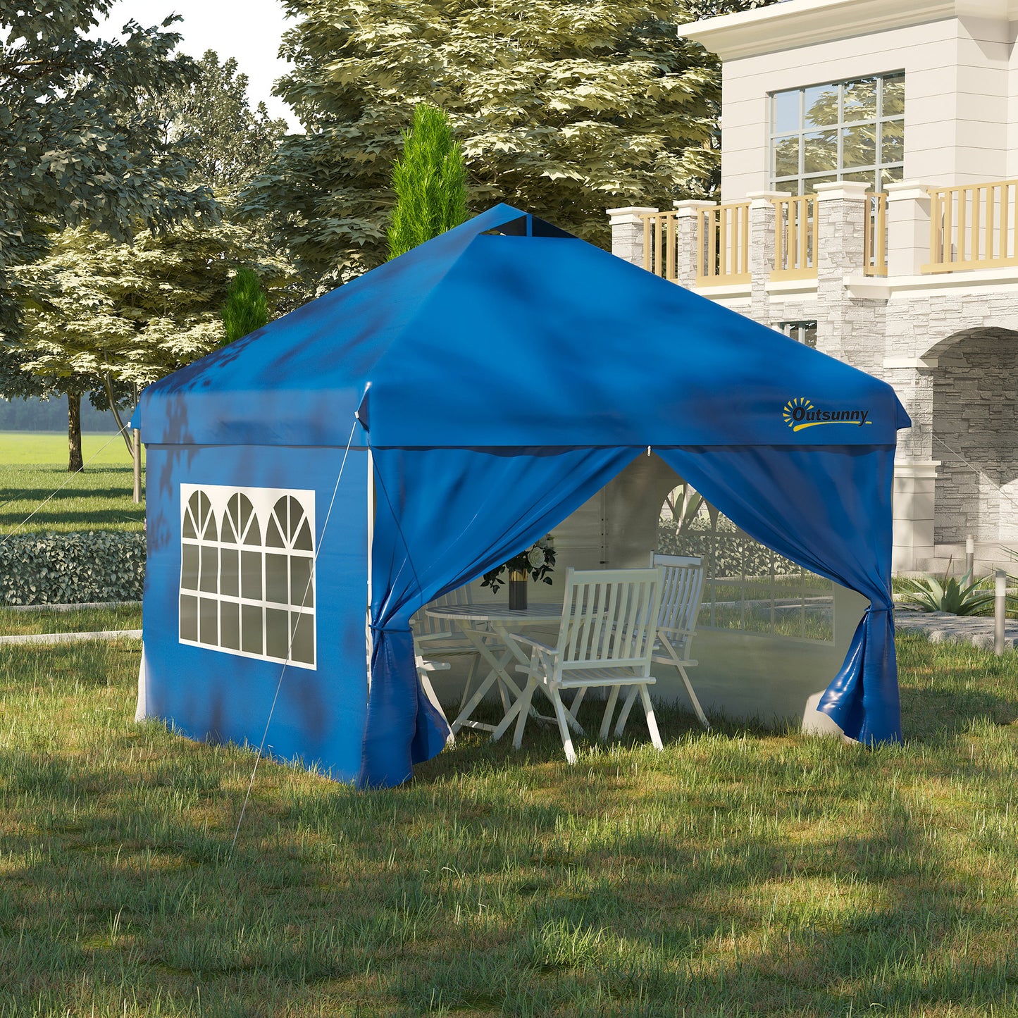 10' x 10' Pop Up Canopy Tent, Instant Shelter Tent with Sidewalls, Windows, Roller Bag and Sand Bags for Garden, Patio, Blue