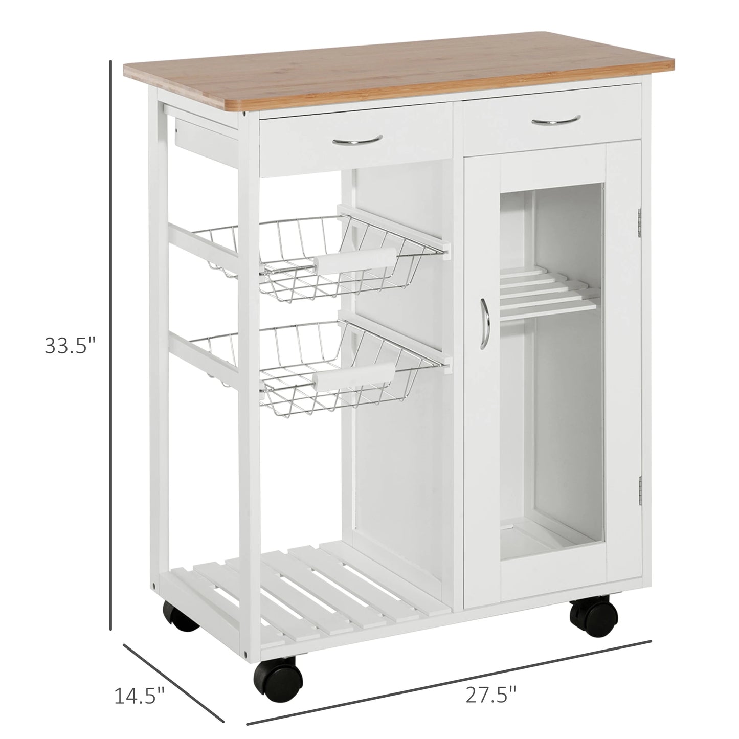 34" Rolling Wood Kitchen Trolley Serving Cart with Drawer and Cabinet Wheeled Kitchen Storage Island White with Bamboo Top