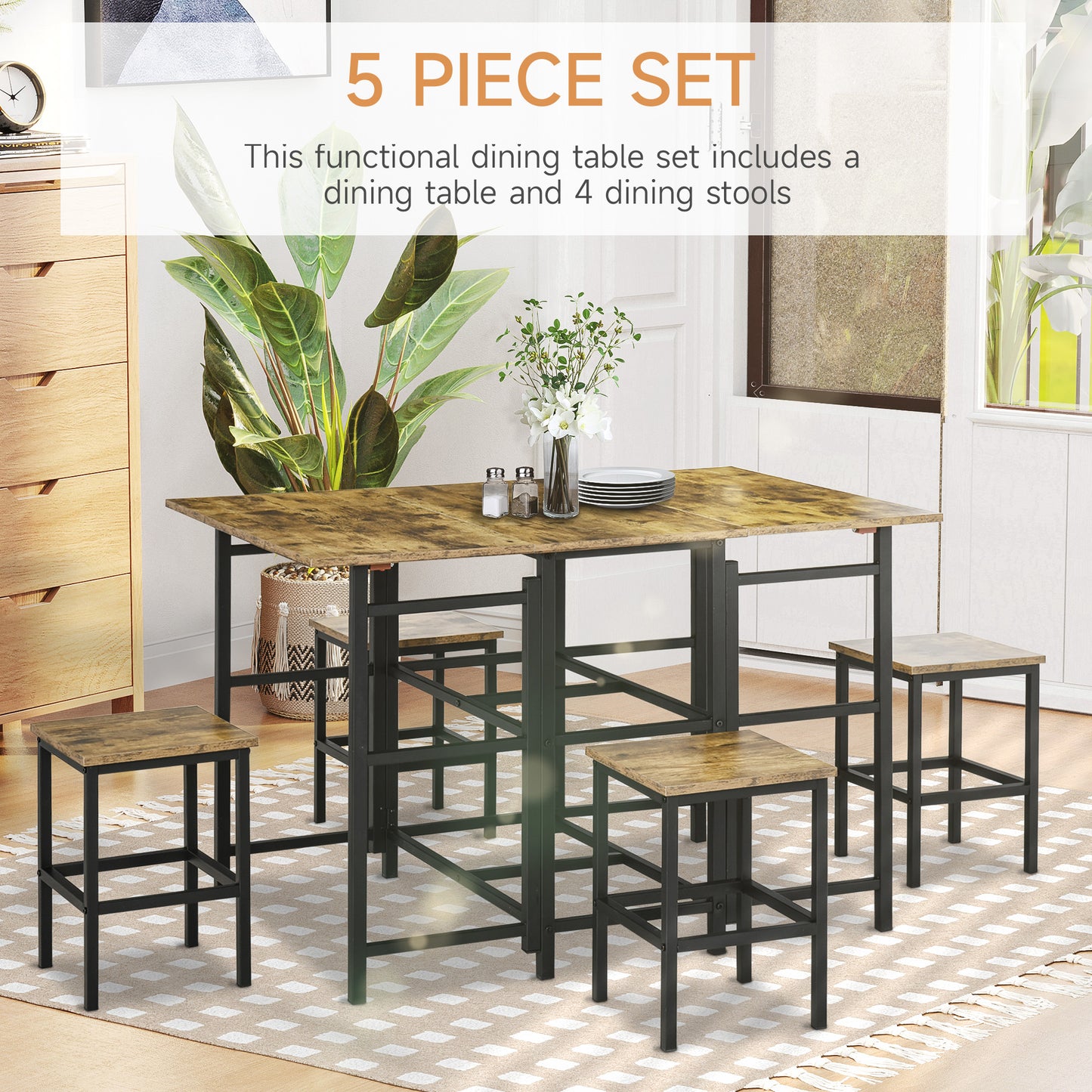 5-Piece Dining Table Set, Drop-Leaf Rectangular Kitchen Table with 4 Chairs for Dining Room, Rustic