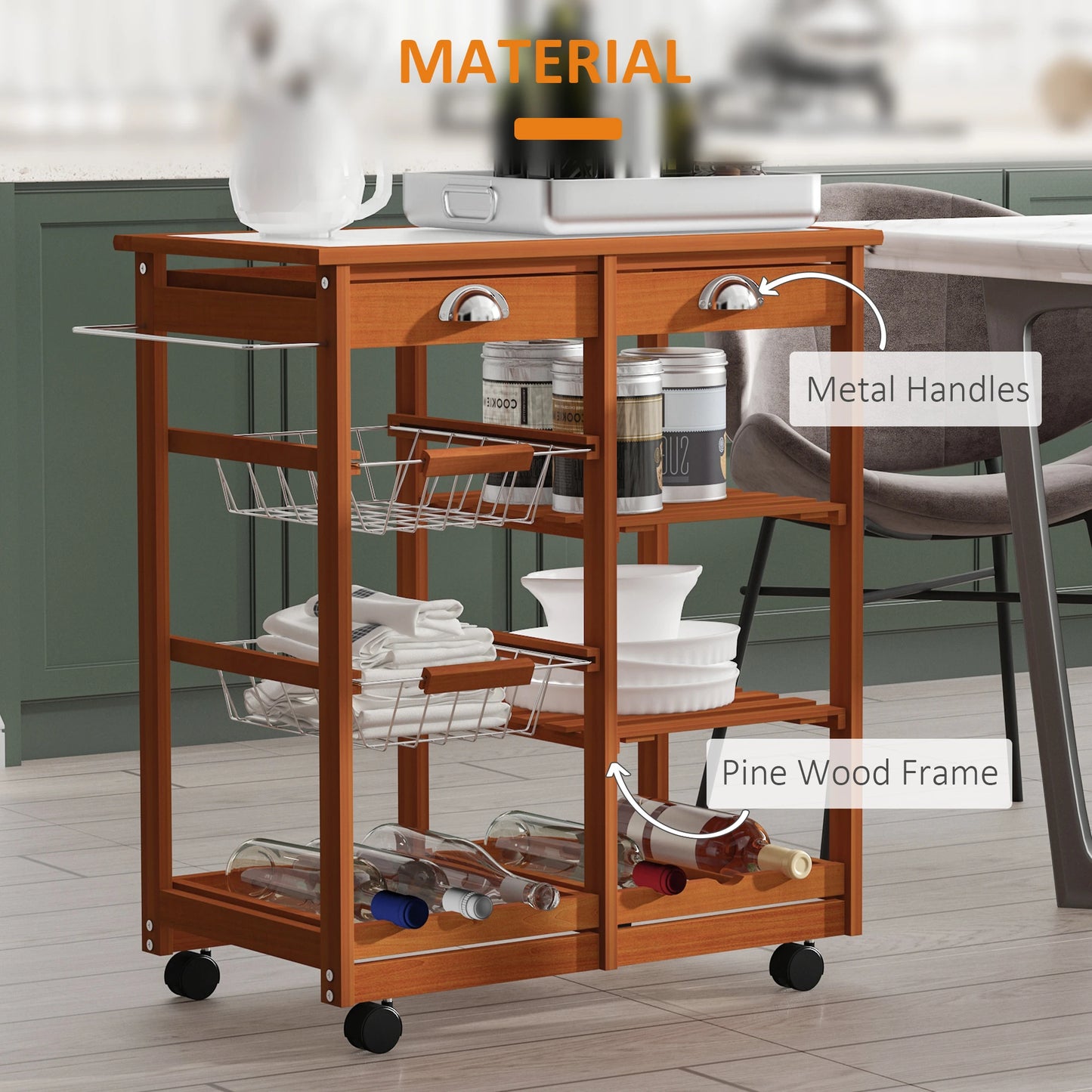 Rolling Kitchen Trolley Cart 4 Tier Storage Wooden Table Rack 2 Drawers Baskets Countertop