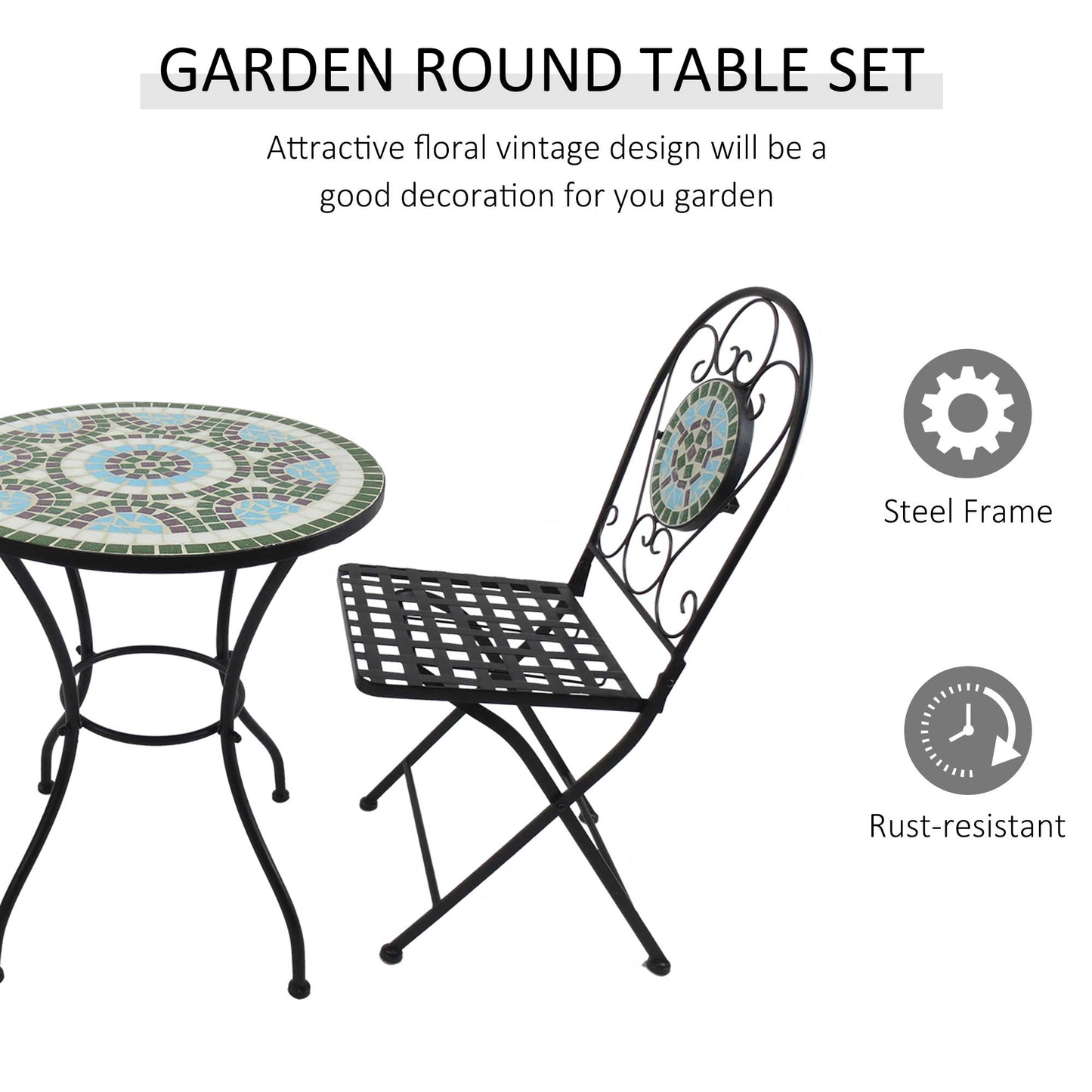 Outsunny 3 Piece Patio Bistro Set with Mosaic Design, Outdoor Dining Furniture Set for 2 with Folding Chairs, Green