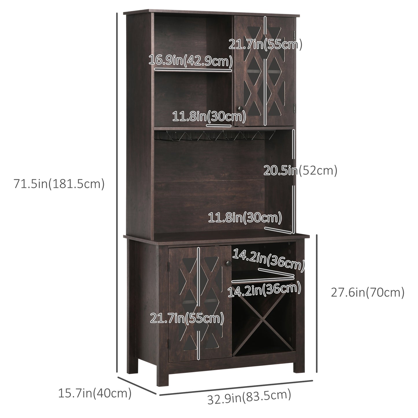 72" Kitchen Pantry, Buffet with Hutch, Cupboard for Microwave, 2 Door Cabinets, Wine Glasses Rack, Wine Rack, Brown