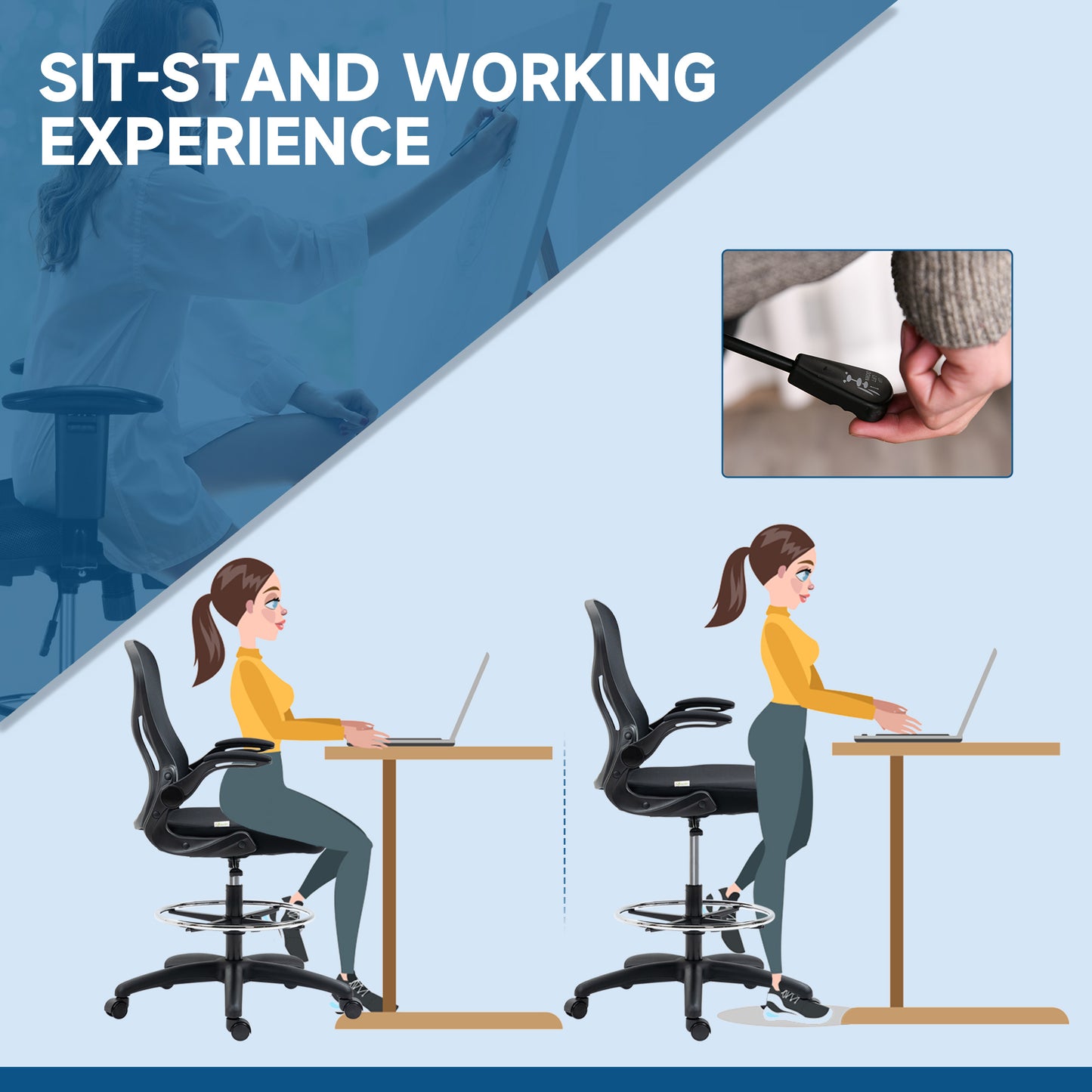 Vinsetto Ergonomic Mesh Standing Desk Chair with Flip-up Armrests Lumbar Support Armrests Adjustable Footrest RingBlack