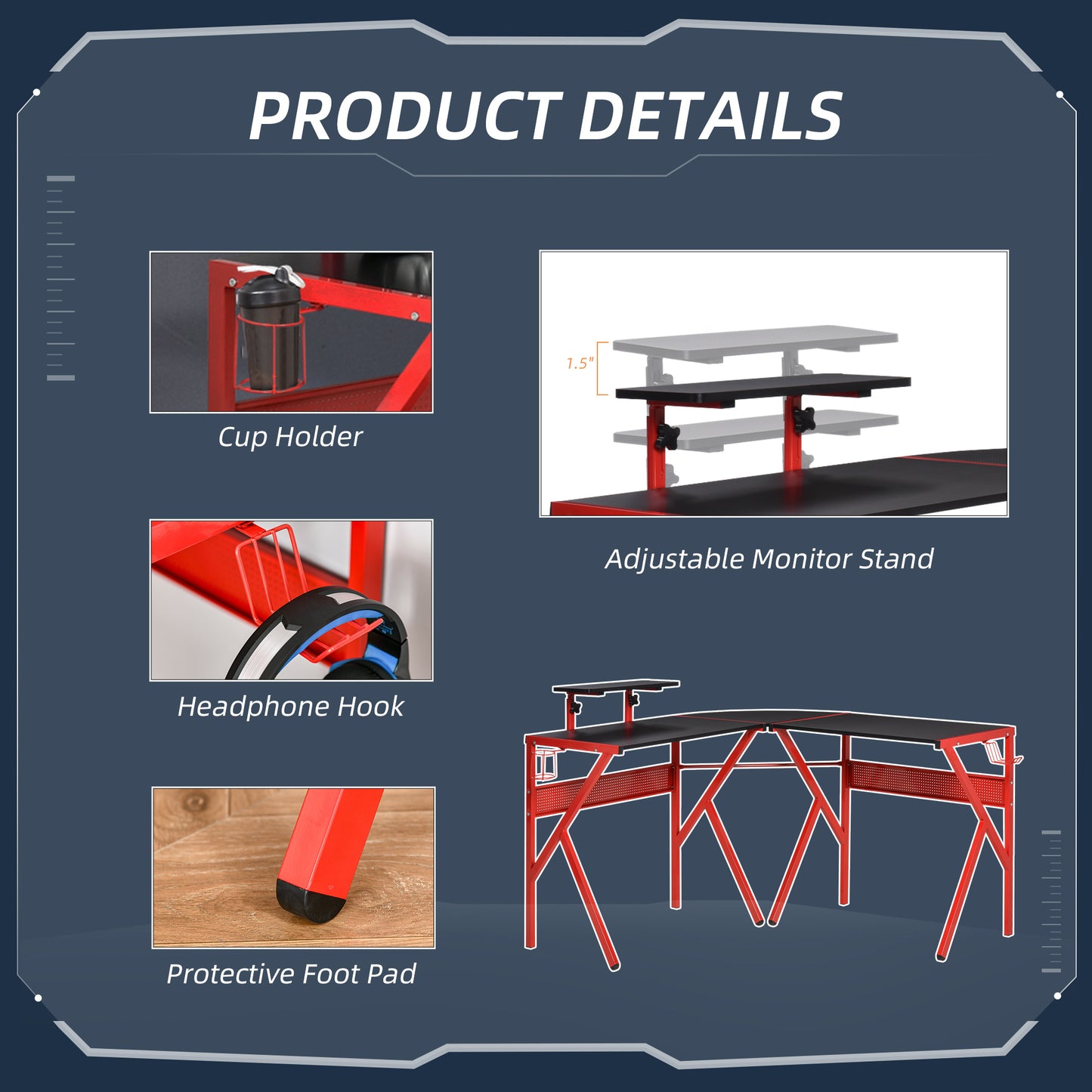 Gaming Desk, L-Shaped Corner Computer Table for Home Office, Workstations with Adjustable Monitor Stand Cup Holder Headphone Hook 49.25" x 49.25" x 29.5" Red