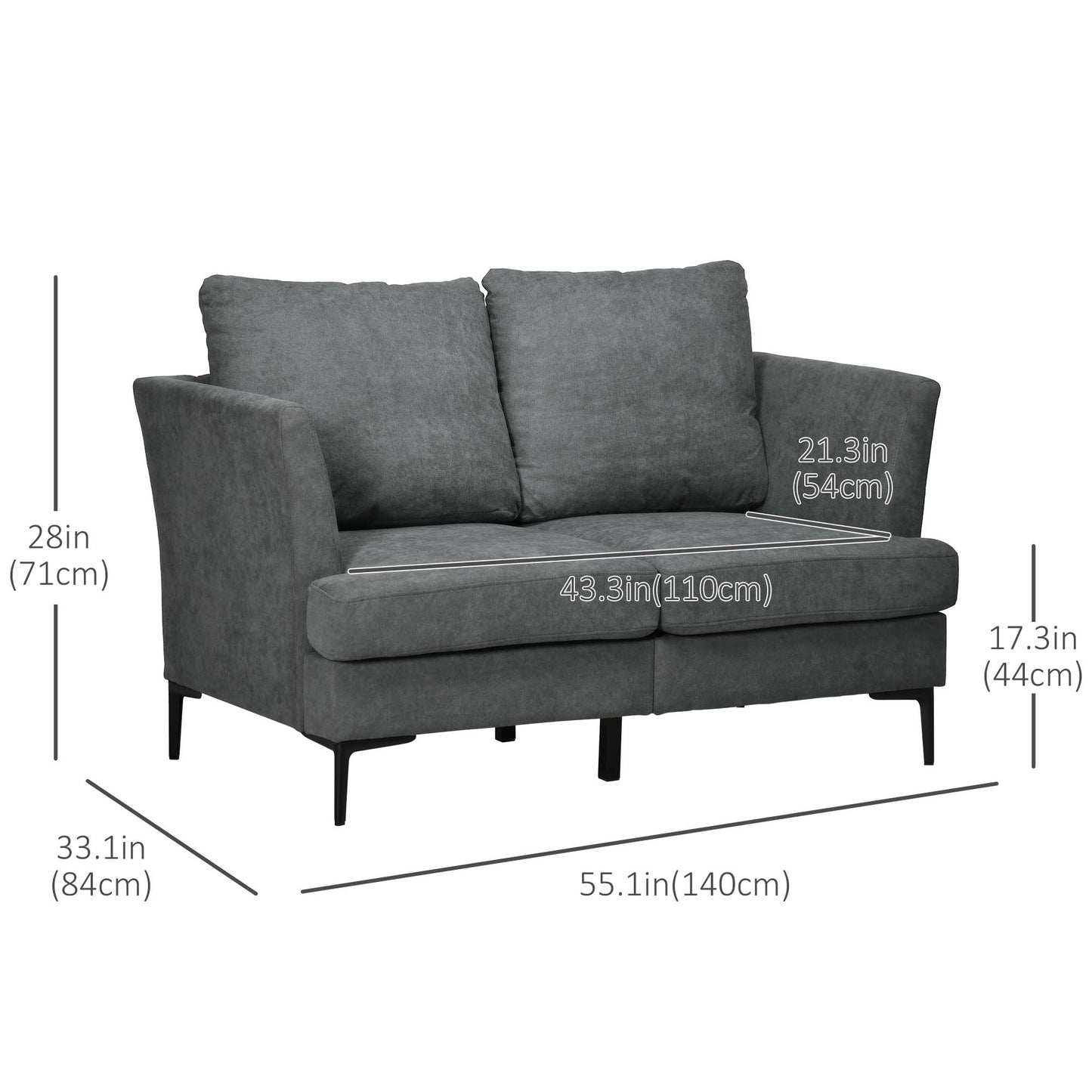 55" Loveseat Sofa for Bedroom, Modern Love Seats Furniture, Upholstered Small Couch for Small Space, Grey