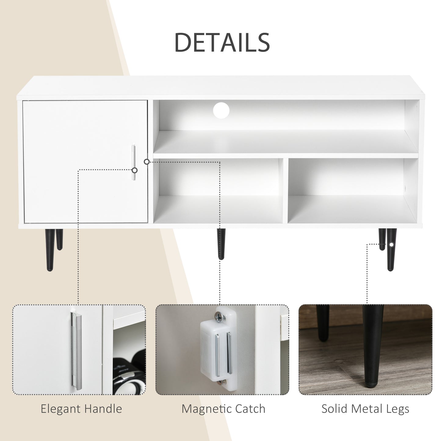 Modern TV Stand Cabinet with Storage Shelf, Cable Hole, Home Entertainment Unit Center, for Living Room Bedroom, White