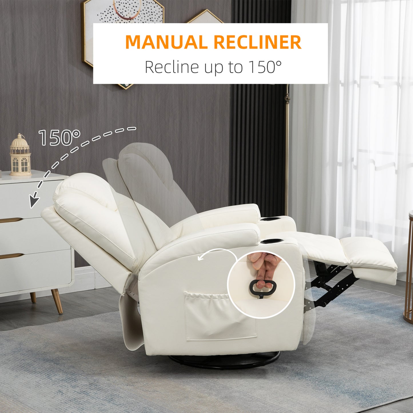 Faux Leather Recliner Chair with Massage, Vibration, Muti-function Padded Sofa Chair with Remote Control, 360 Degree Swivel Seat with Dual Cup Holders, Cream White