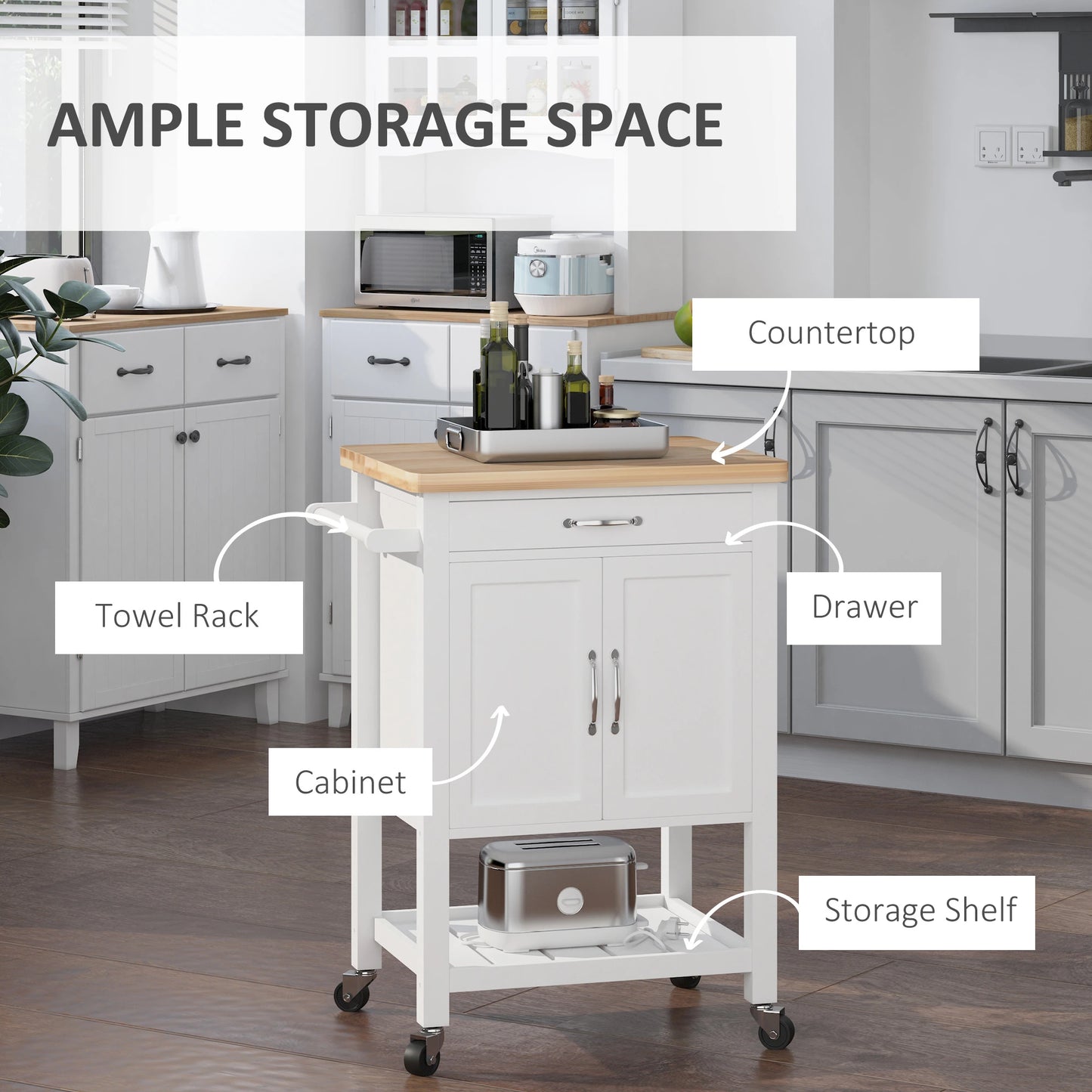 Kitchen Storage Cabinet Trolley Serving Cart Rubber Wood top Rolling Kitchen Island with Towel Rack and Drawer White