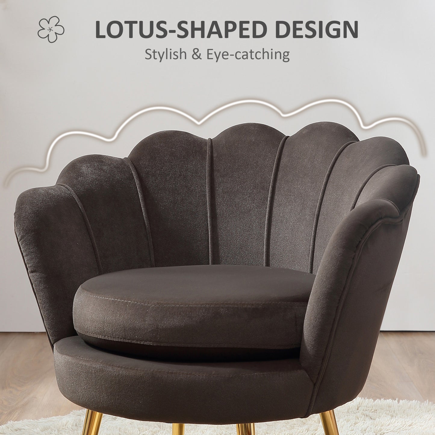 Modern Accent Chair, Velvet-Touch Fabric Leisure Club Chair with Gold Metal Legs for Bedroom, Grey