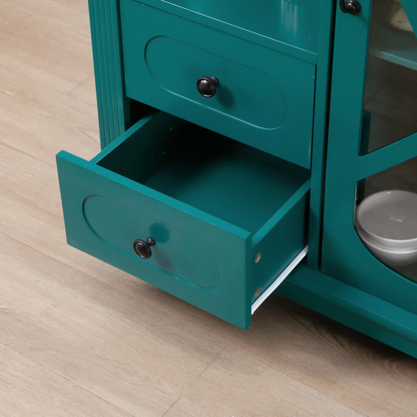 Rolling Kitchen Island Storage Cart, Kitchen Cabinet with Stainless Steel Top, Glass Door & Drawers for Kitchen, Green