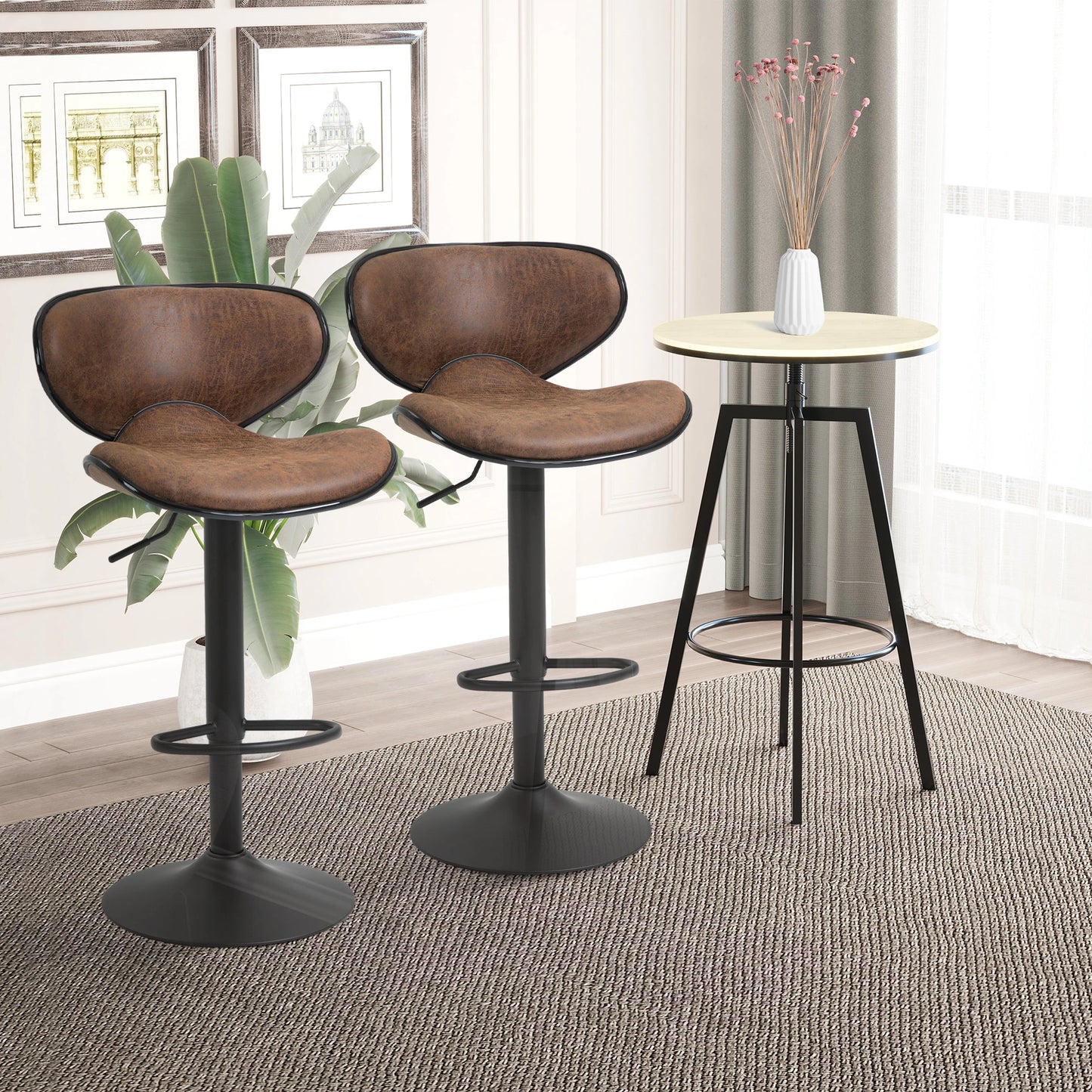 Vintage Bar Stool Set of 2 Faux Leather Adjustable Height Armless Chairs with Swivel Seat, Brown